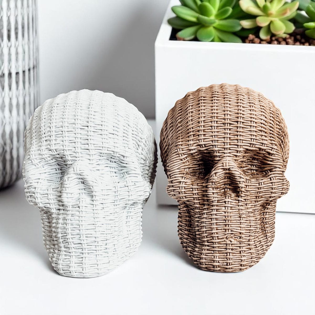 Gia Roma Basket Weave Statue Skull Me Rattan-Style Skull Decor – Natural & White Resin
