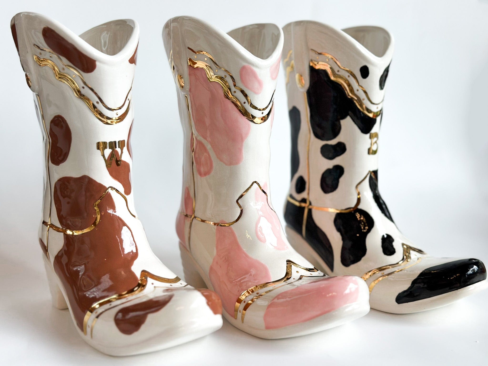 Ruby Clay Company Monogrammed Cow Print Cowboy Boot Vase