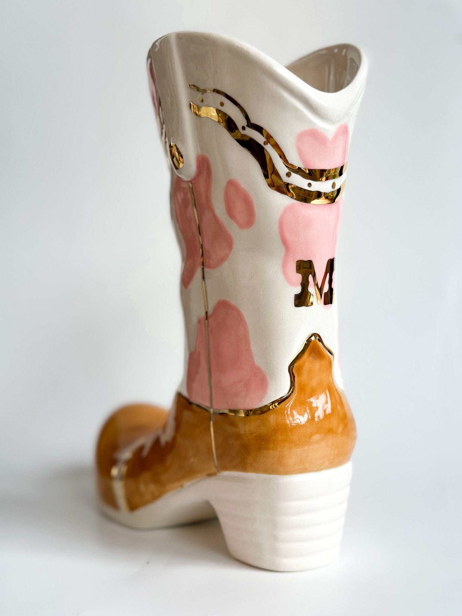 Ruby Clay Company Monogrammed Two Tone Cow Print Cowboy Boot Vase