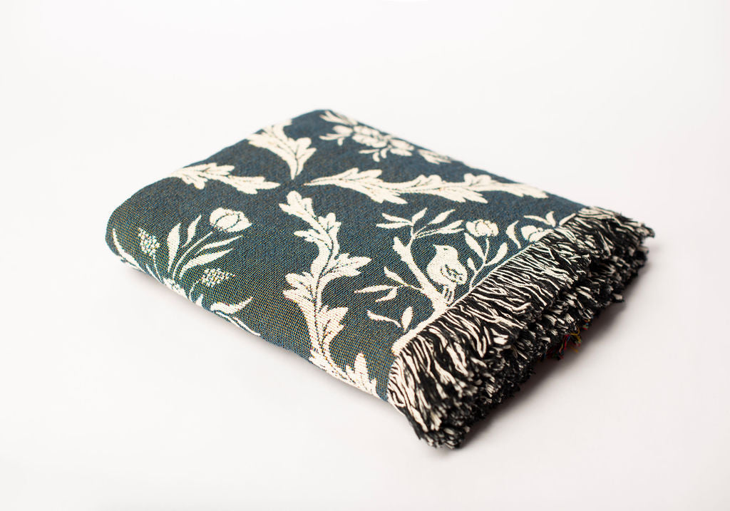Isobel Thistle Teal Floral Cotton Throw Blanket