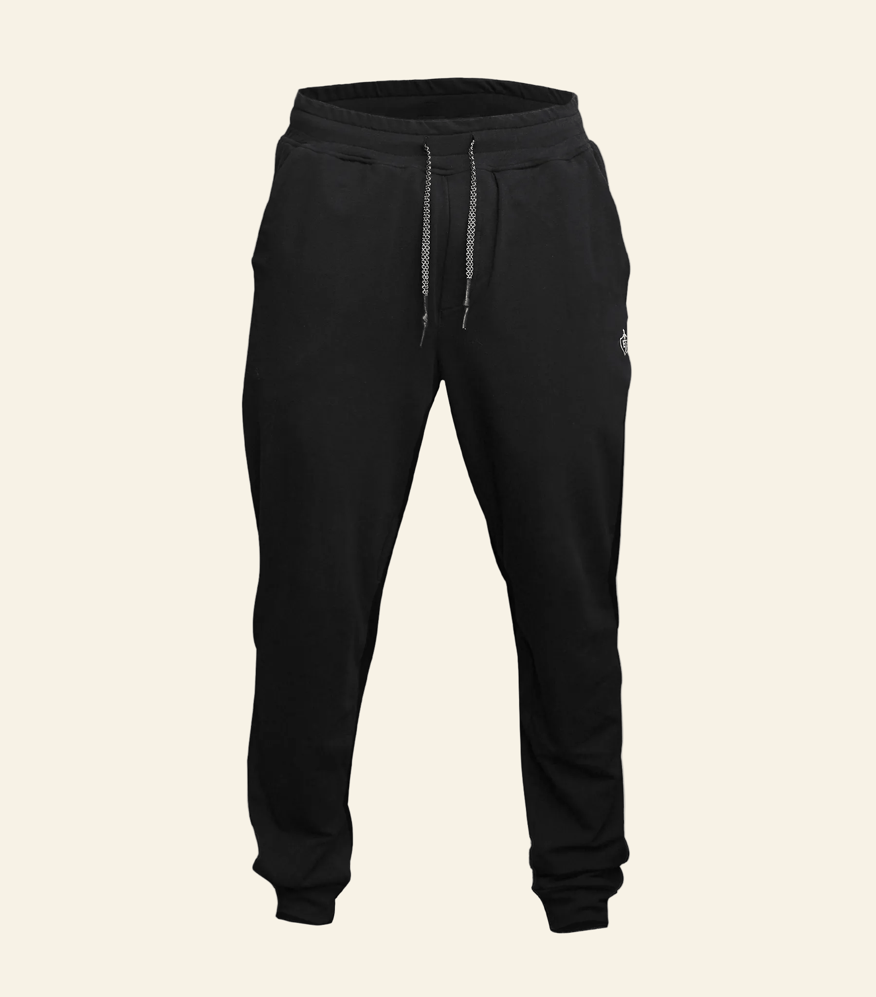 Black jogger pants on a white background