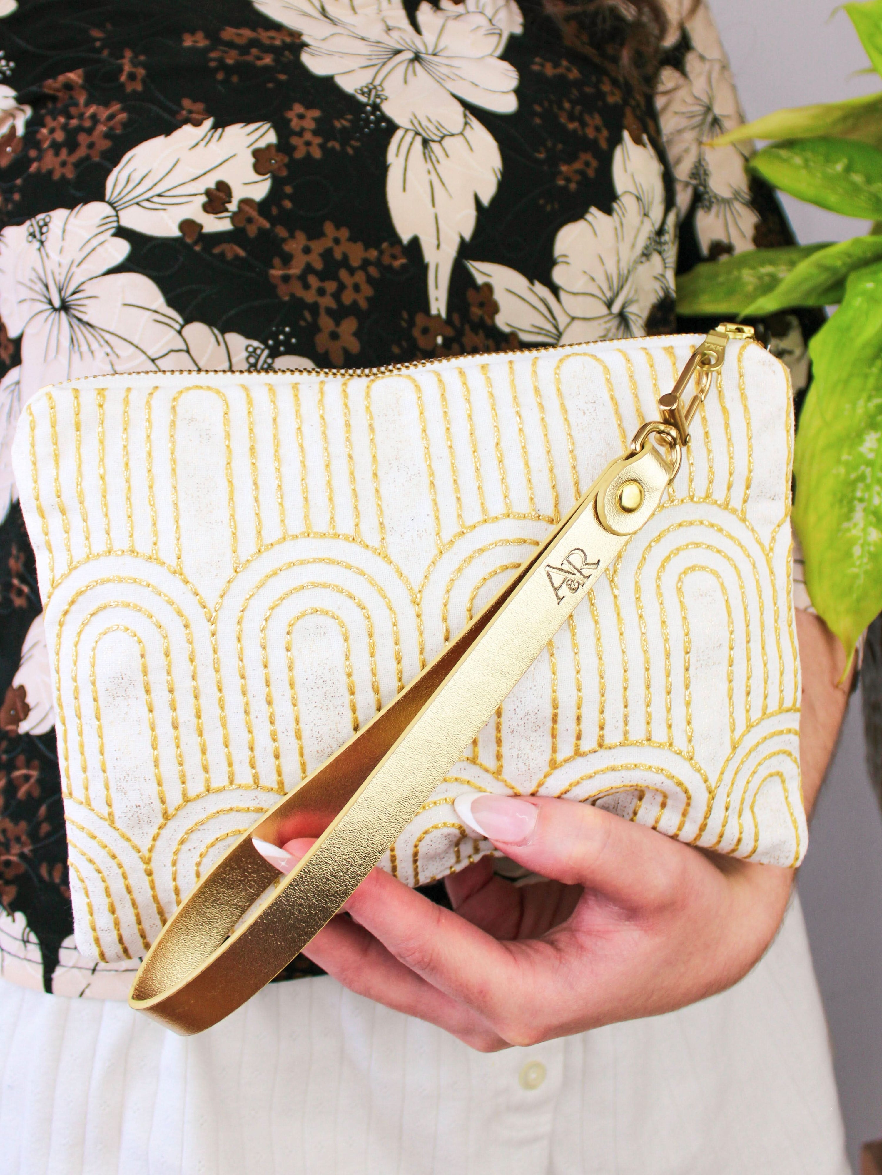 Ash & Rose purse Josephine Embroidered Gold and White Wristlet Purse
