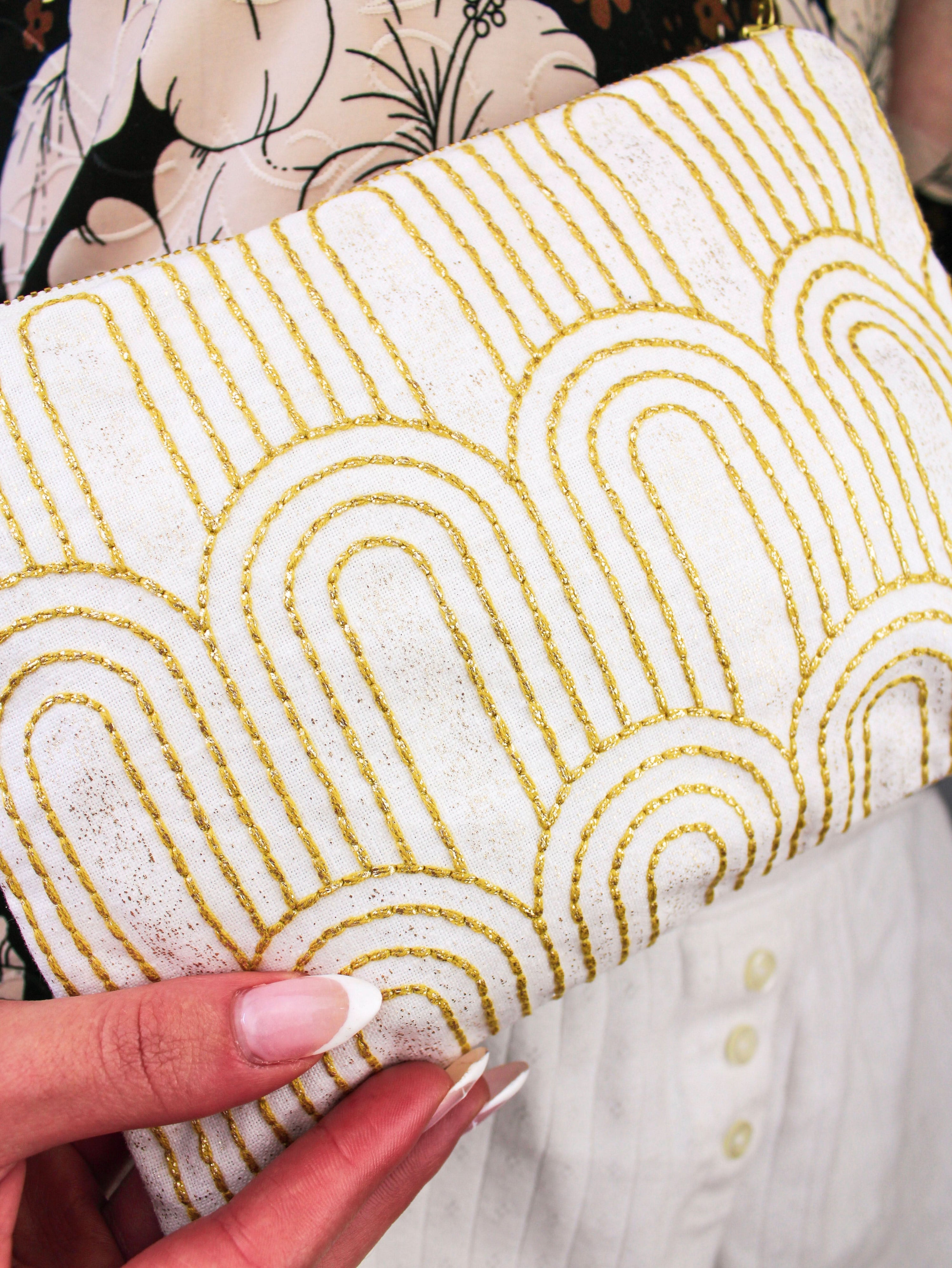 Ash & Rose purse Josephine Embroidered Gold and White Wristlet Purse