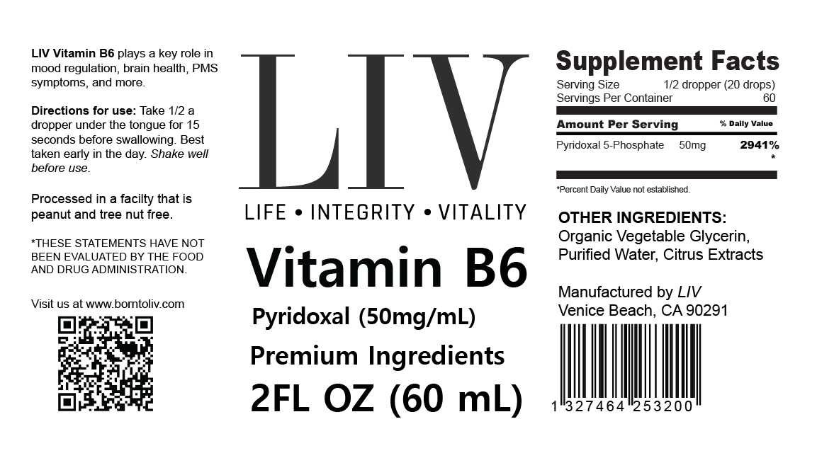 LIV Vitamin B6 Pyridoxal Liquid (5-Phosphate 50mg, 60 servings)