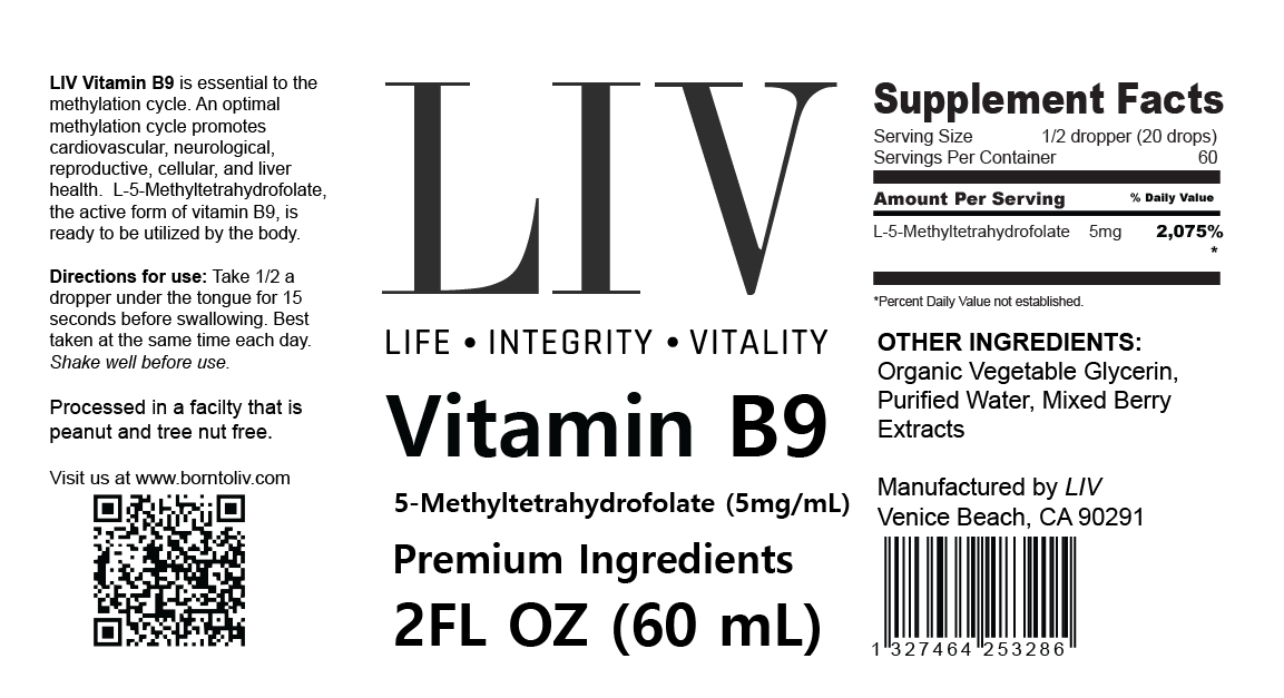 LIV Vitamin B9 Folic Acid Liquid (5-MTHF 5,000mcg, 60 servings)