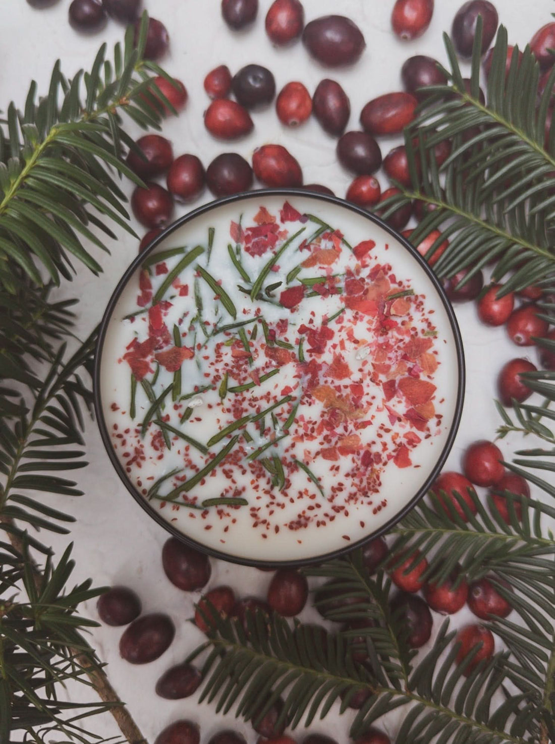Cup of hot chocolate with festive toppings surrounded by cranberries and greenery