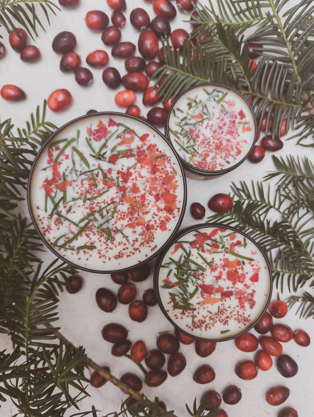Three bowls with decorative sprinkles on a background of cranberries and greenery