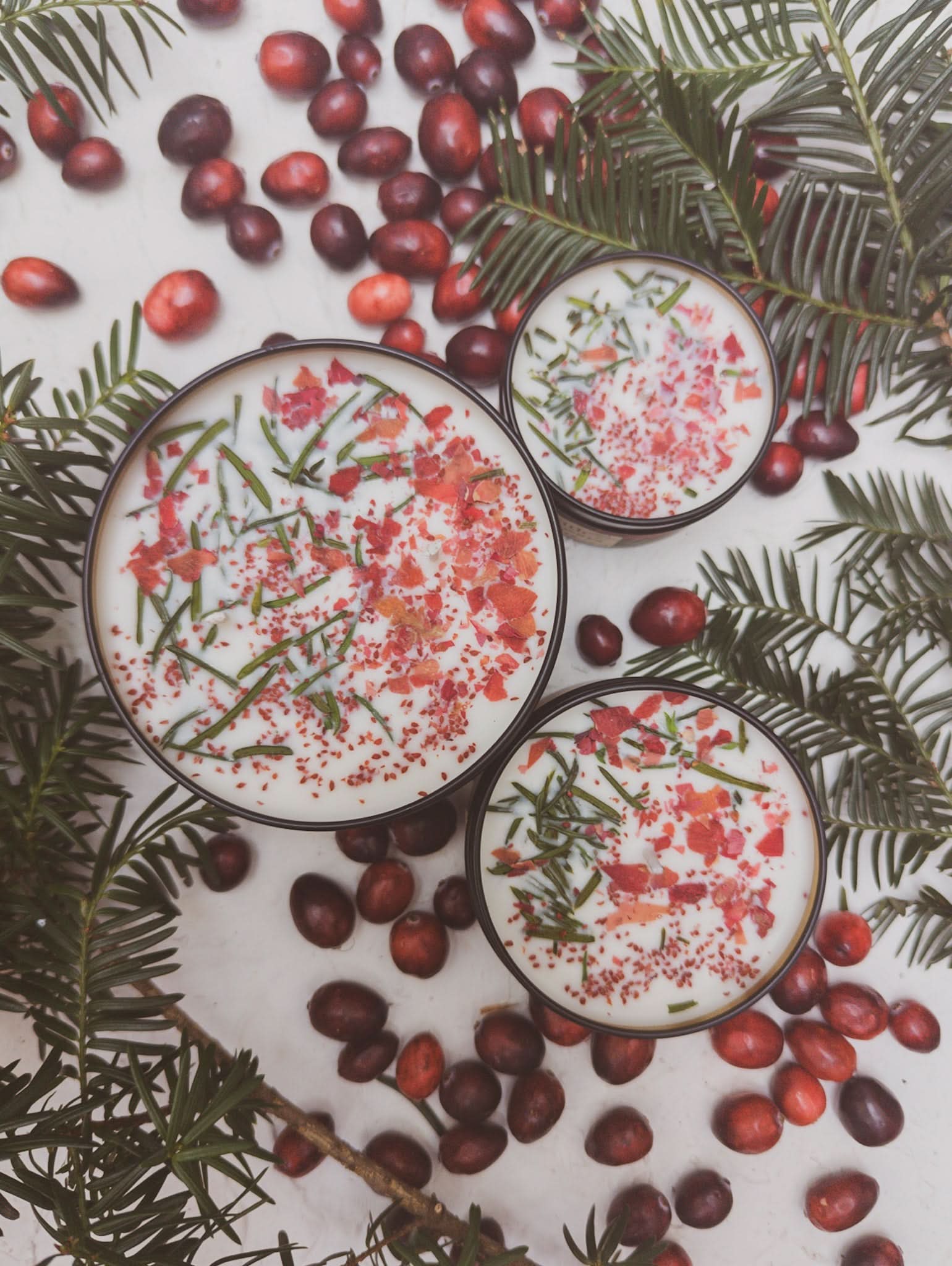 Three bowls with decorative sprinkles on a background of cranberries and greenery