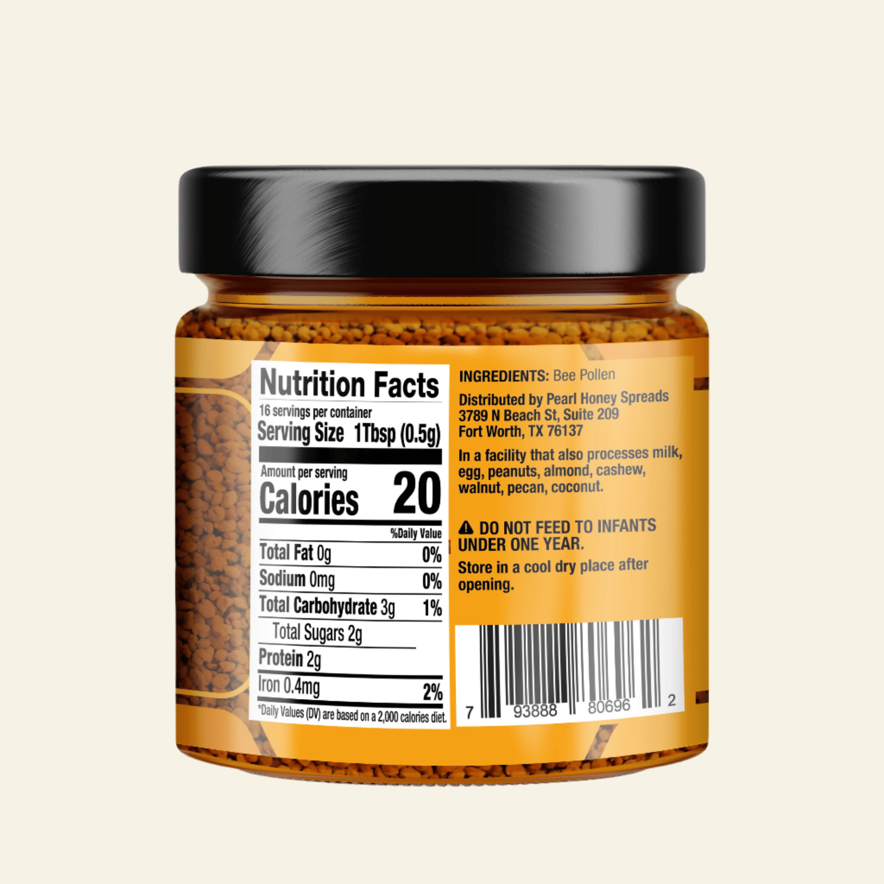 Jar of honey with nutrition facts label on a white background