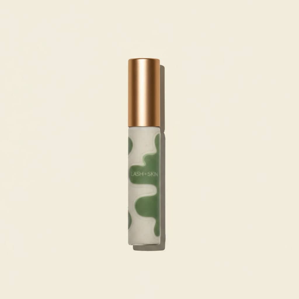 Skincare serum bottle with camouflage design and wooden cap on a beige background