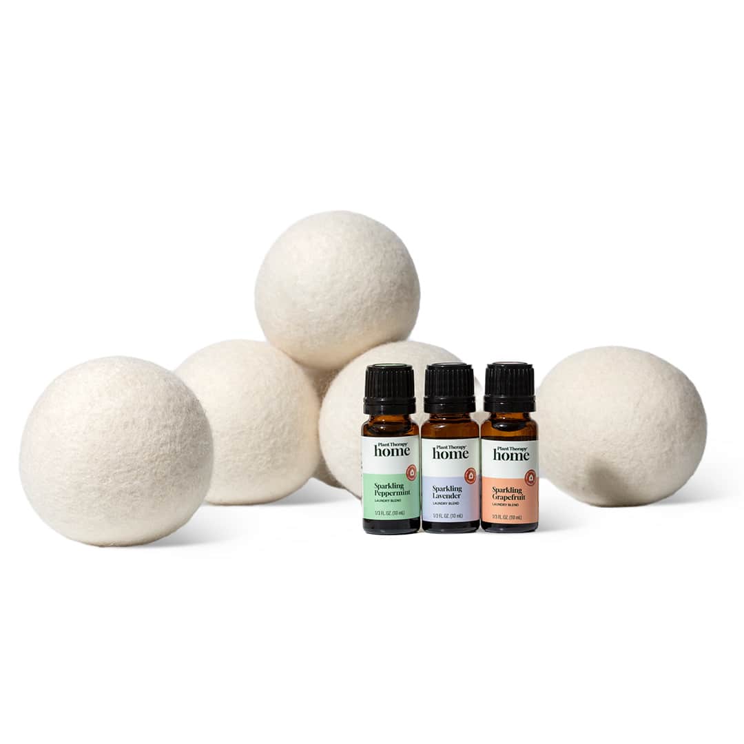 Plant Therapy Household Wool Dryer Balls 6 Pack and Sparkling Laundry Blend 3 Pack