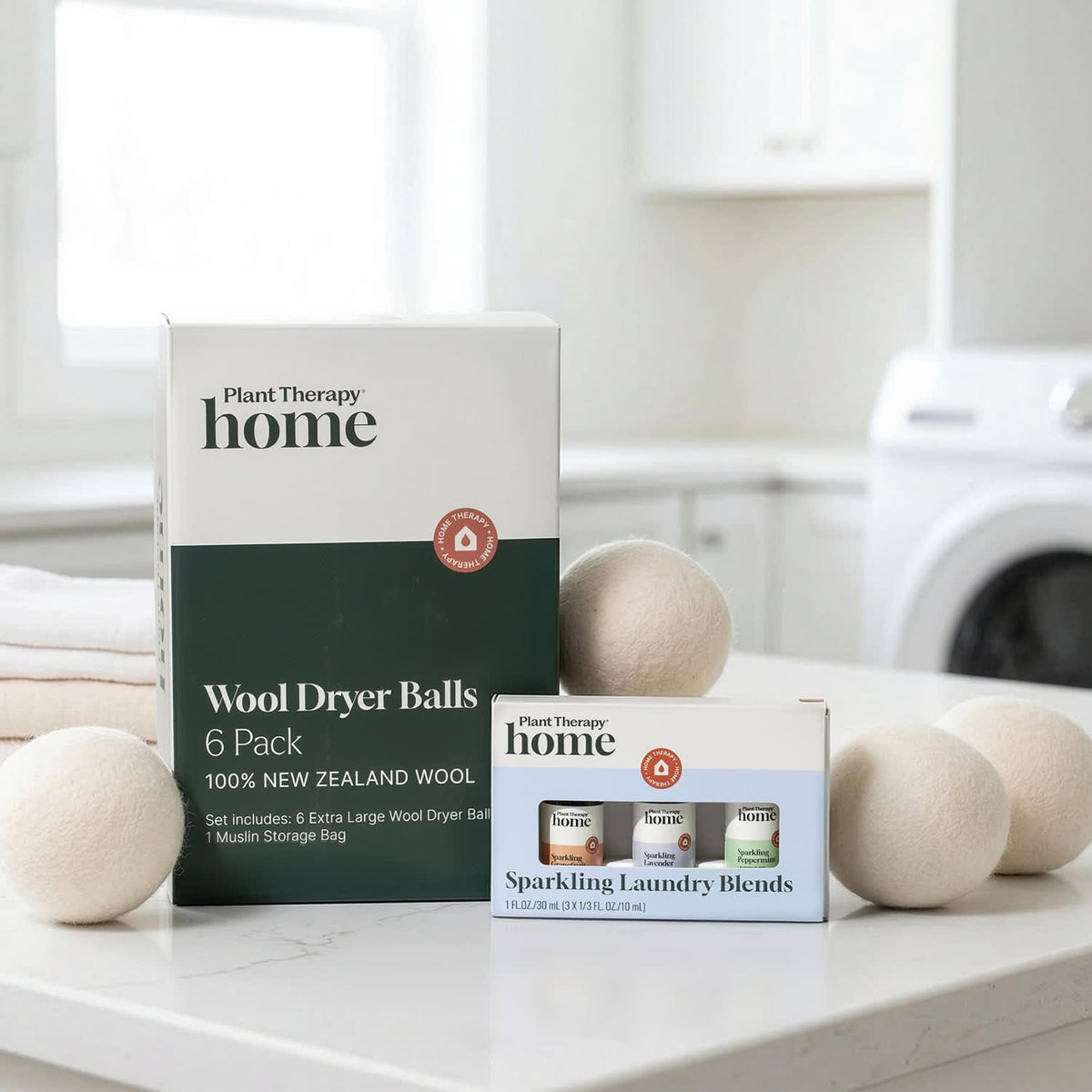 Plant Therapy Household Wool Dryer Balls 6 Pack and Sparkling Laundry Blend 3 Pack