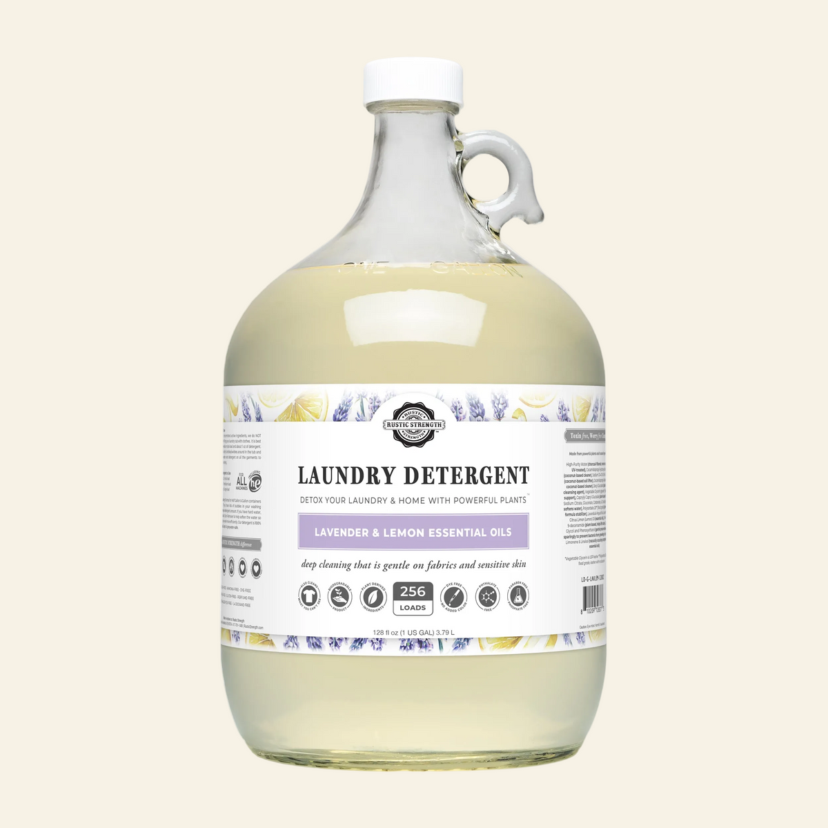 Large bottle of laundry detergent with a label on a white background