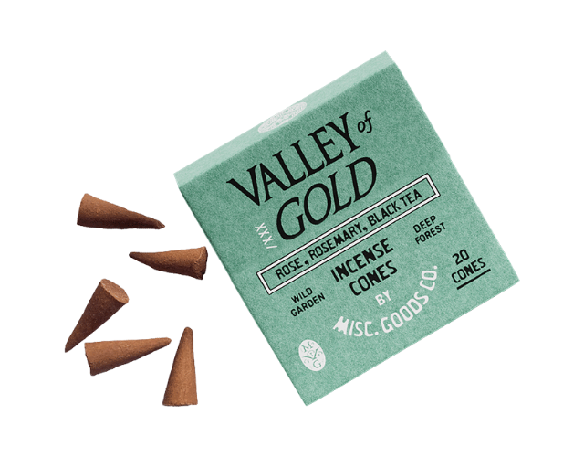 Valley of Gold incense cones packaging with cones on a white background