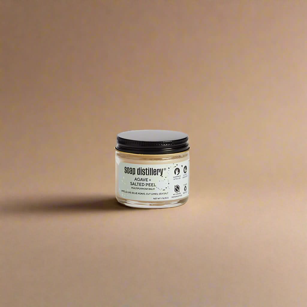 Jar of soap from Soap Distillery on a beige background
