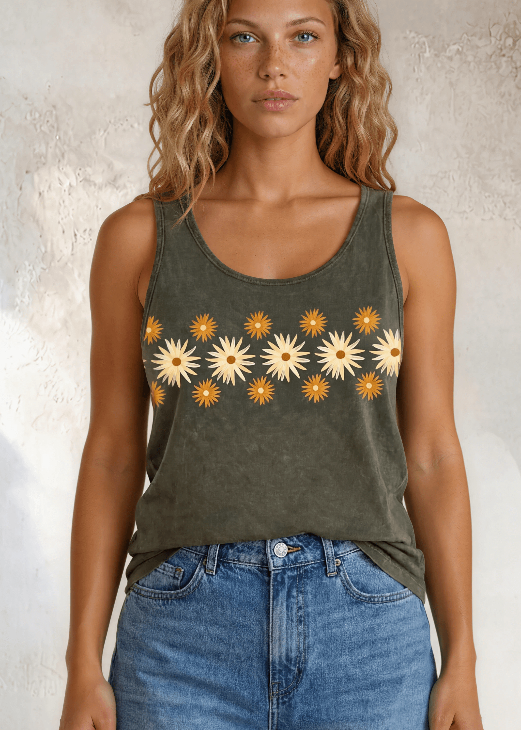 Classy Cozy Cool Sleeveless Tops and Tanks Dark Moss Green / Daisy Graphic / Small Daisy Flower Graphic Tank Top