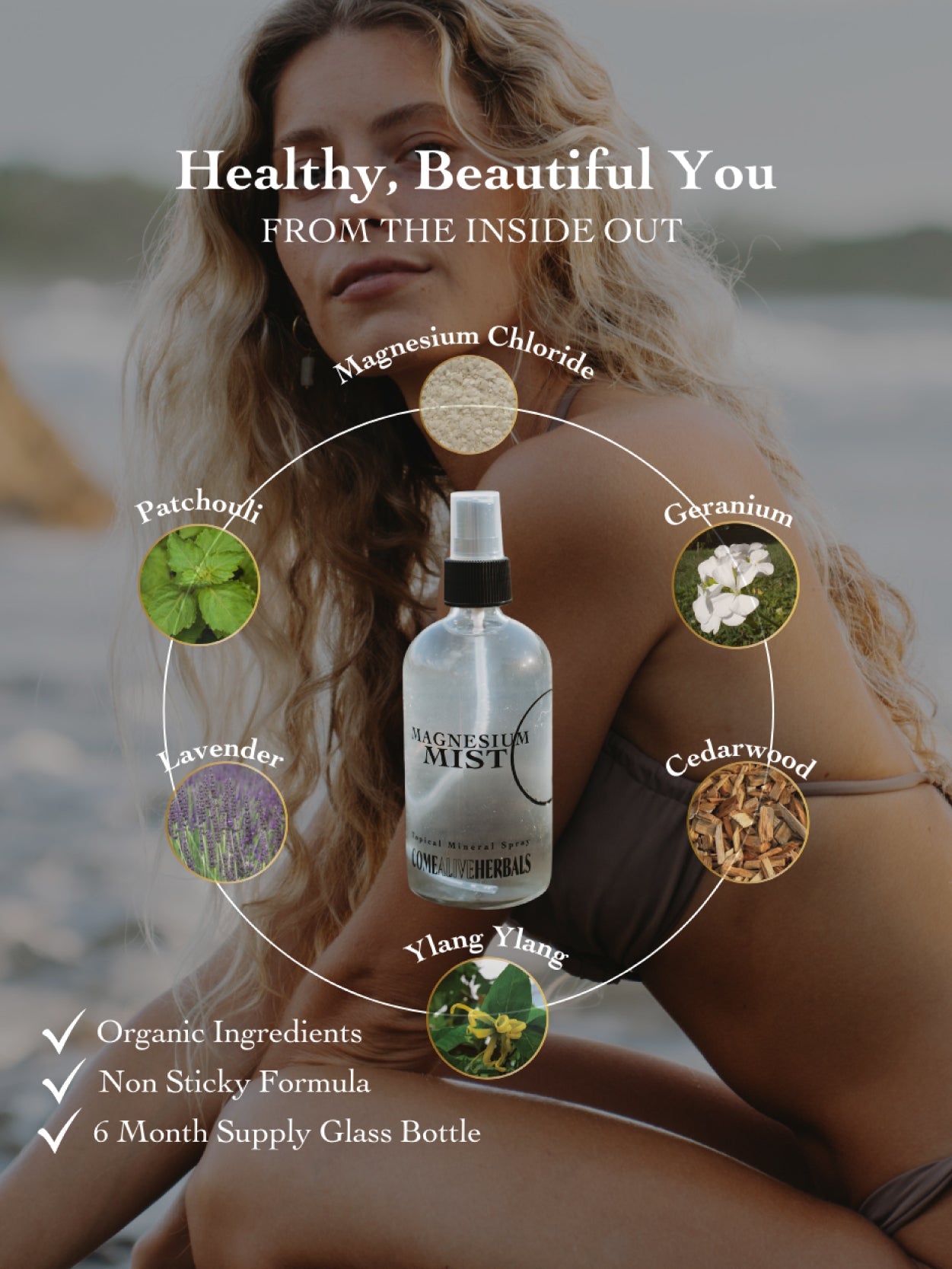 Magnesium Mist- Ingredients; Lavender, Patchouli, Geranium, Cedarwood, Ylang Ylang, Magnesium Chloride