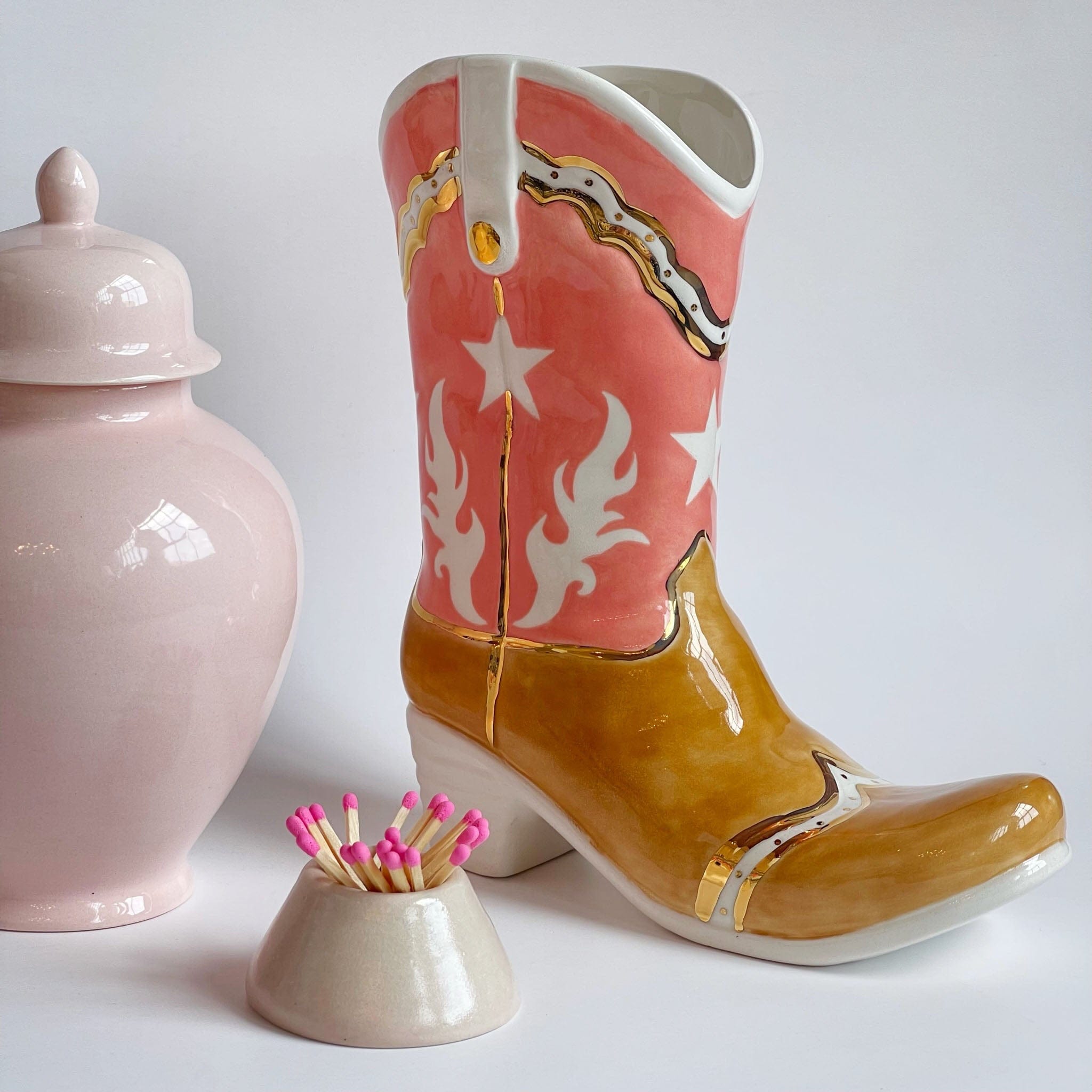 Ruby Clay Company Two Tone Monogrammed Cowboy Boot Vase