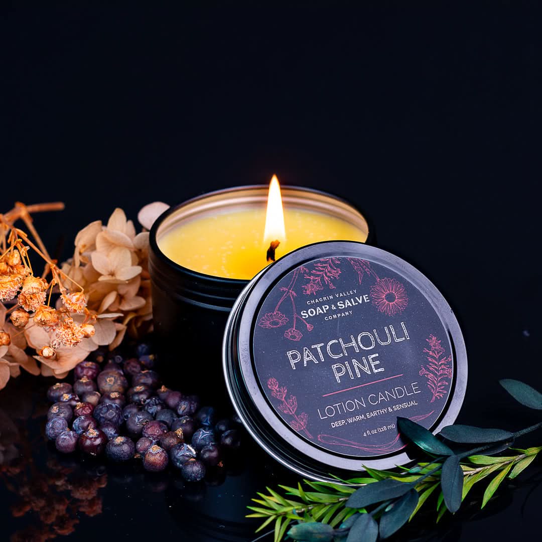 Chagrin Valley Soap & Salve Massage Candle 4 fl oz Tin Body & Massage Candle: Patchouli Pine