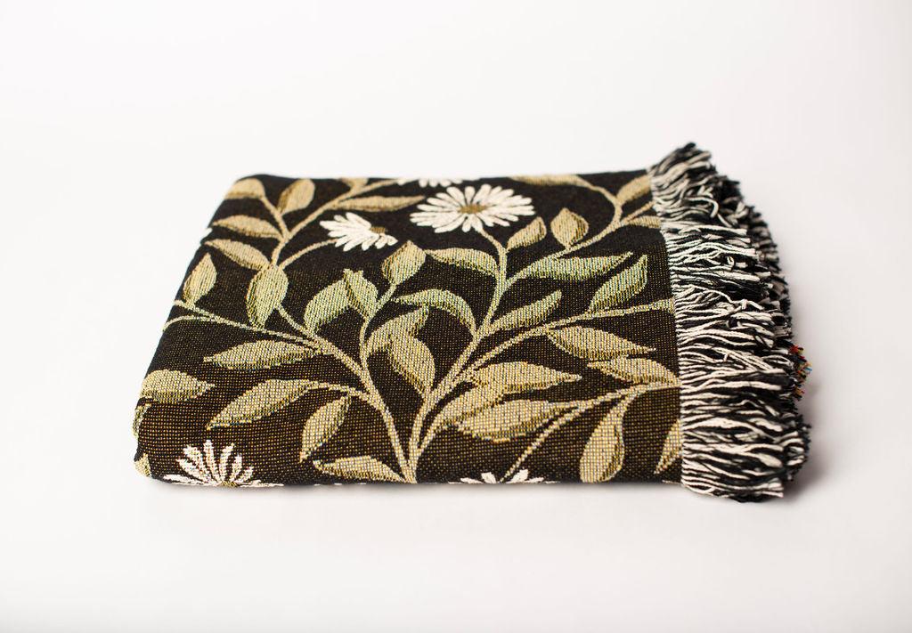May Bramble Black & Gold Floral Cotton Throw Blanket