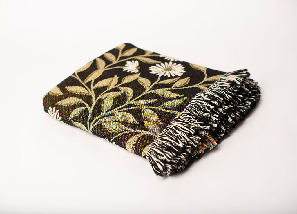 May Bramble Black & Gold Floral Cotton Throw Blanket