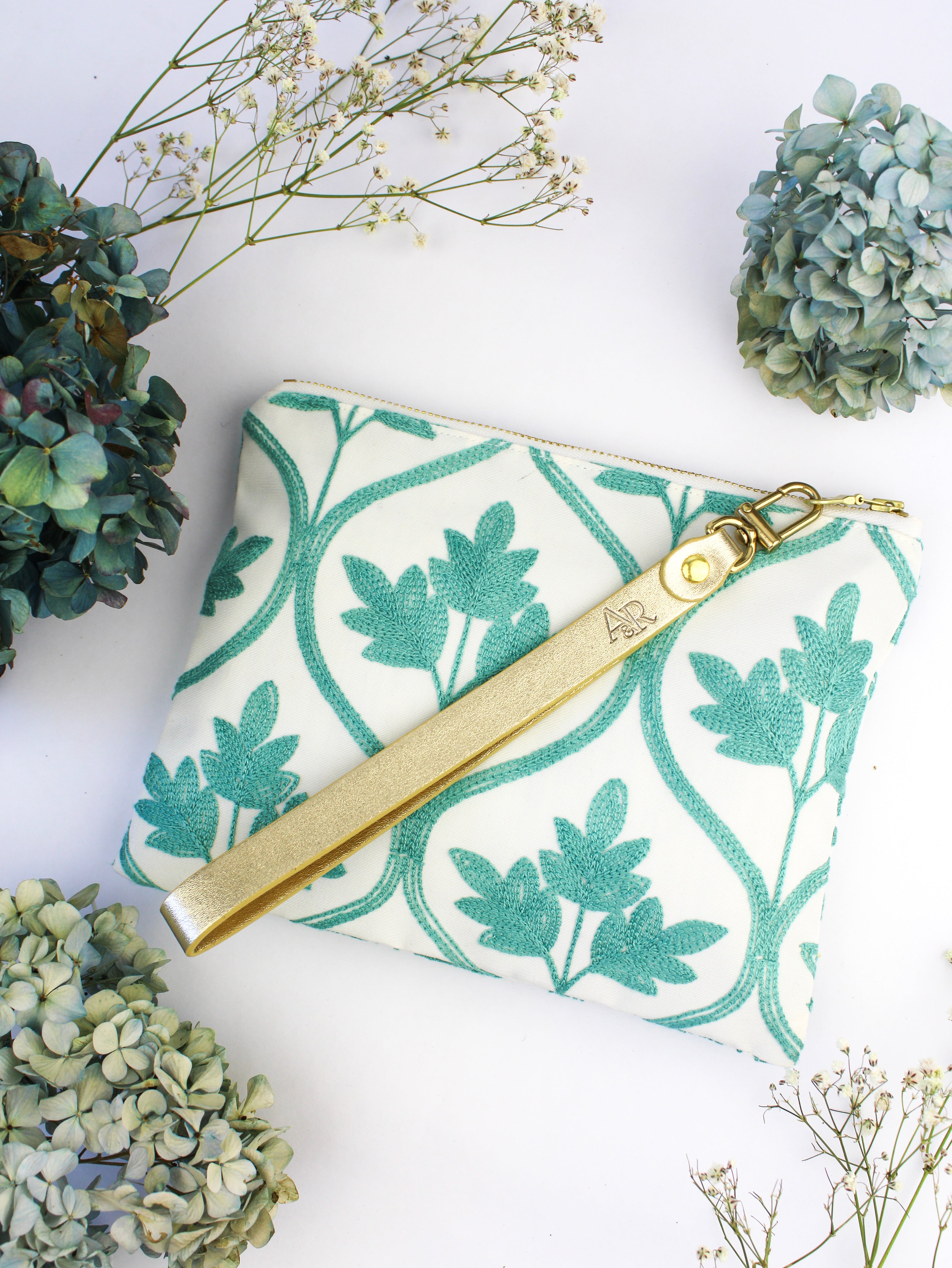 Mayfair Aqua Botanical Embroidered Wristlet Purse - My American Goods