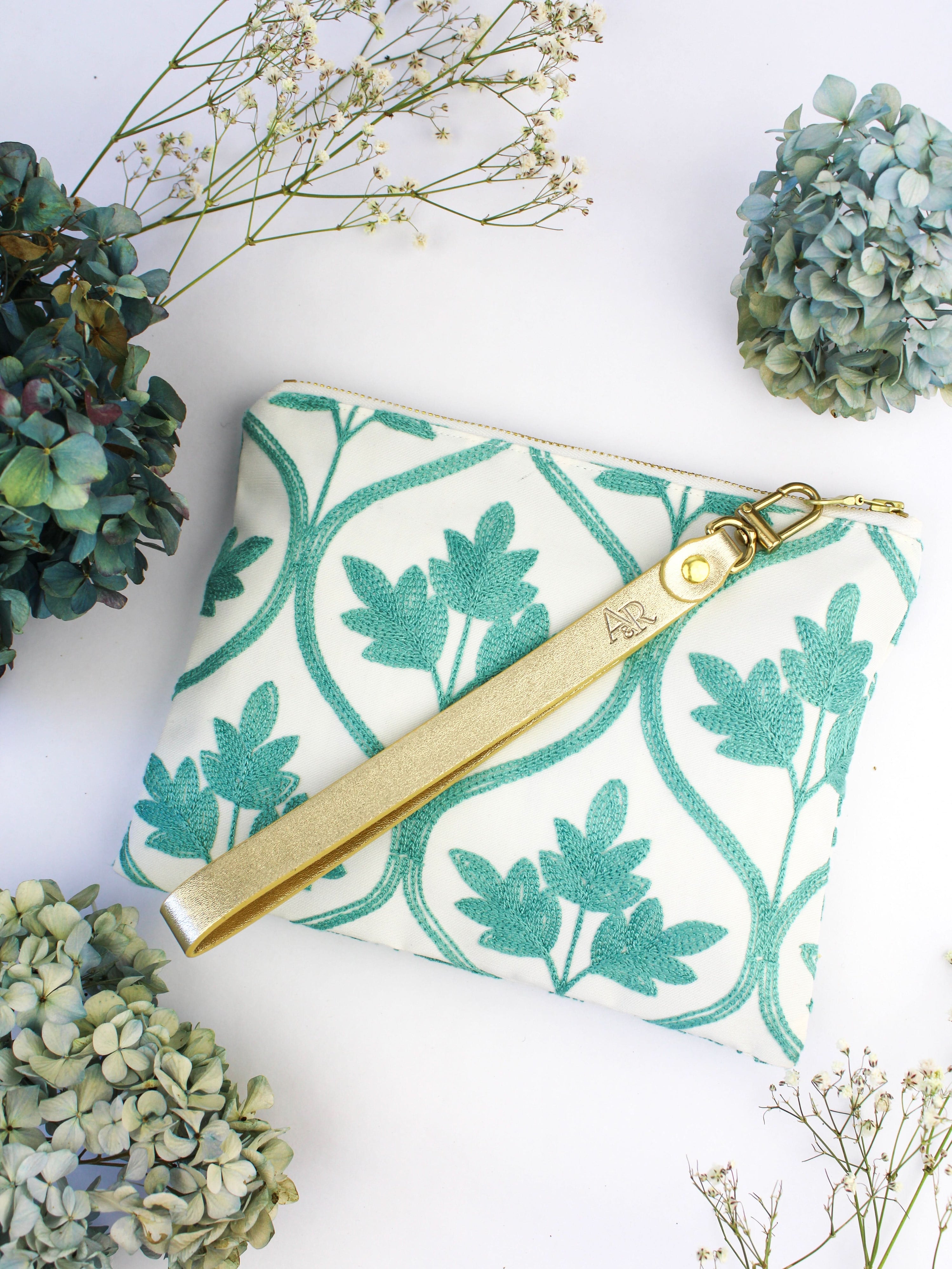 Ash & Rose purse Mayfair Aqua Botanical Embroidered Wristlet Purse