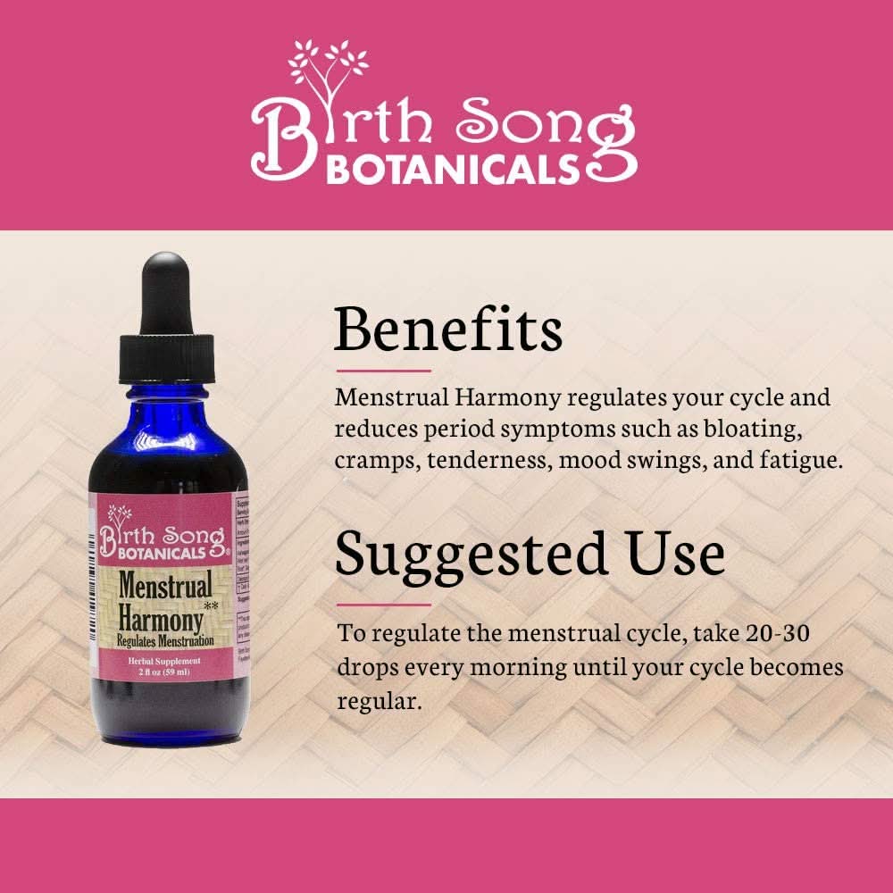 Birth Song Botanicals Co. Tinctures Menstrual Harmony Herbal Supplement To Support a Regular Menstrual Cycle, Hormone Harmony, PMS, Healthy Menstruation and Ovulation* 2 oz.