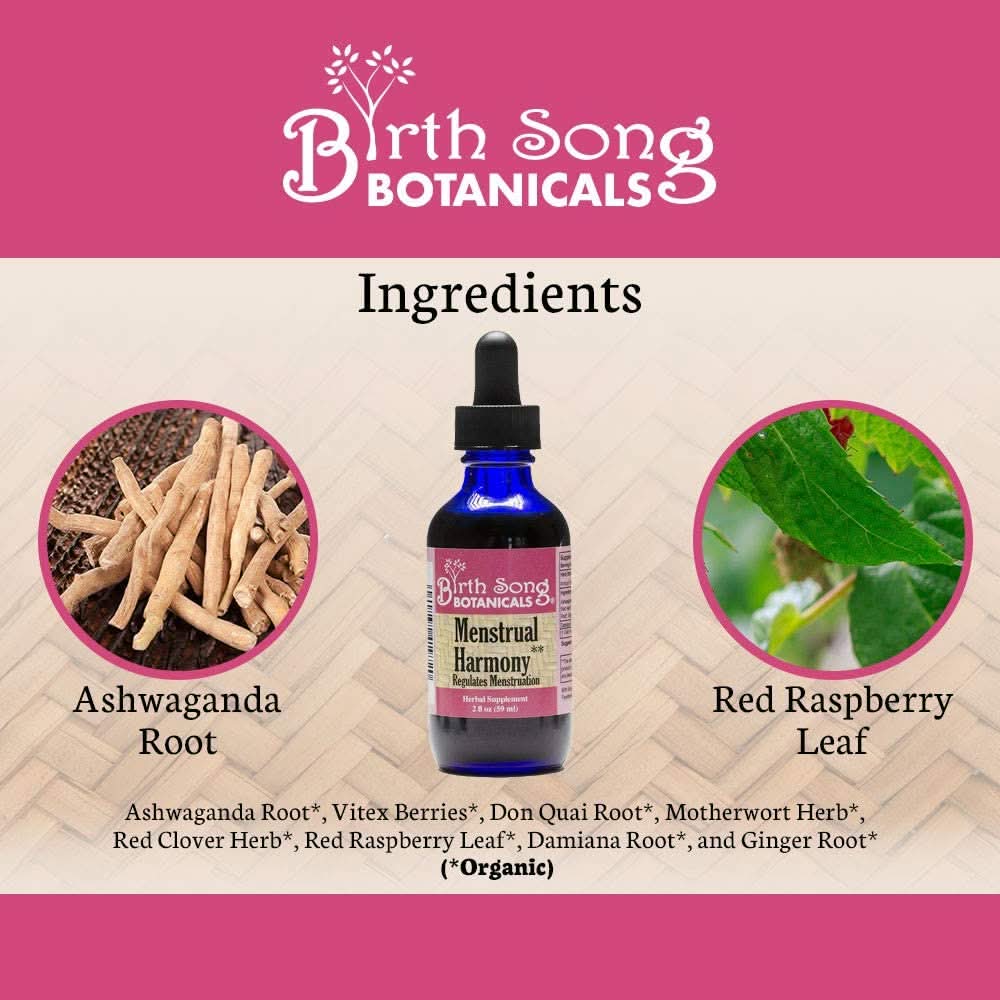 Birth Song Botanicals Co. Tinctures Menstrual Harmony Herbal Supplement To Support a Regular Menstrual Cycle, Hormone Harmony, PMS, Healthy Menstruation and Ovulation* 2 oz.