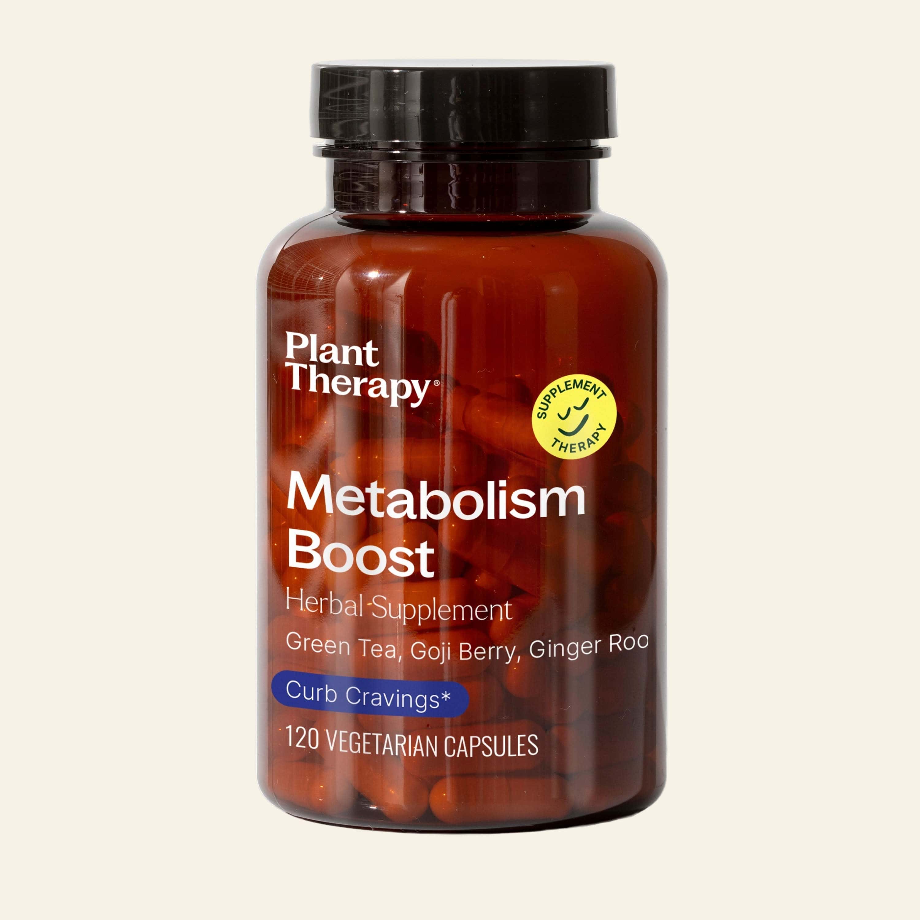 Bottle of Plant Therapy Metabolism Boost supplement on a white background