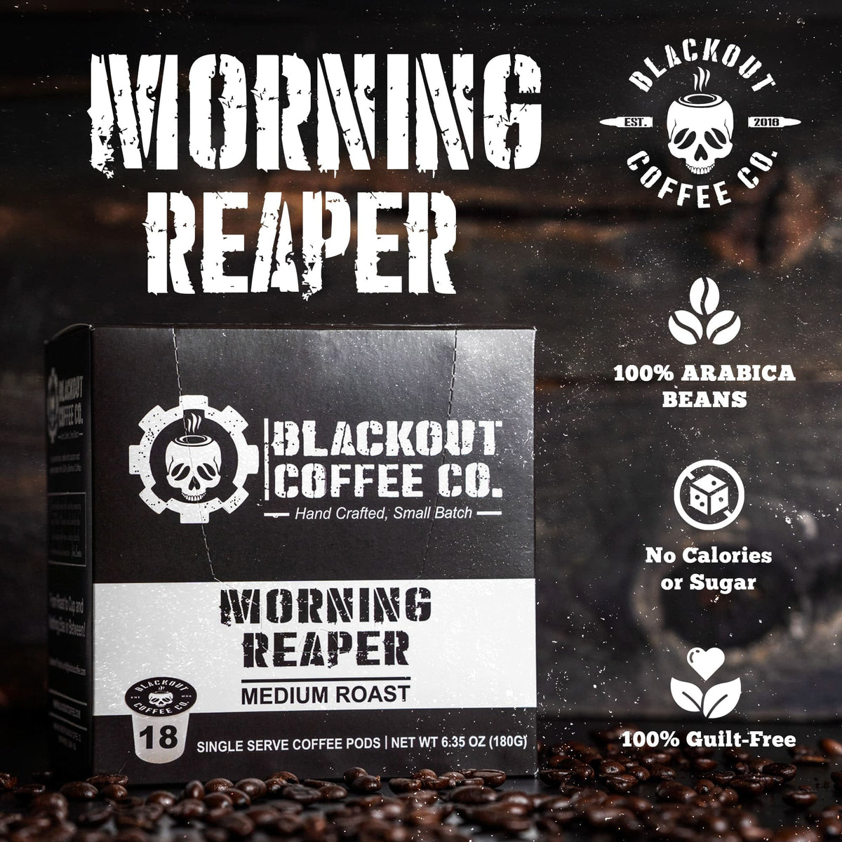 Blackout Coffee Co Coffee Pods & Capsules Morning Reaper Medium Roast Coffee Pods – 18 Count