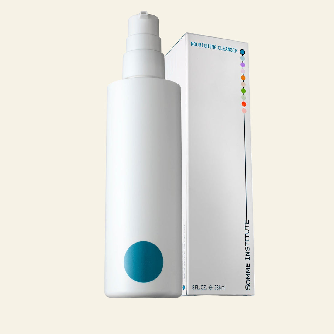 White bottle with blue circle and box labeled &