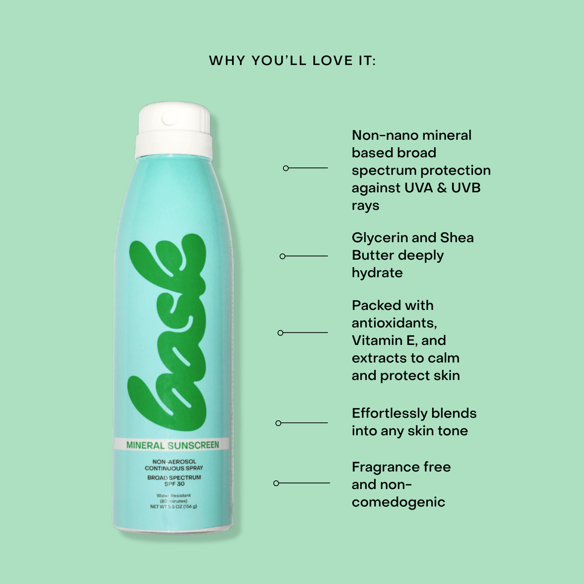 Bask Suncare Sunscreen SPF 30 Mineral Fragrance-Free Non-Aerosol Spray