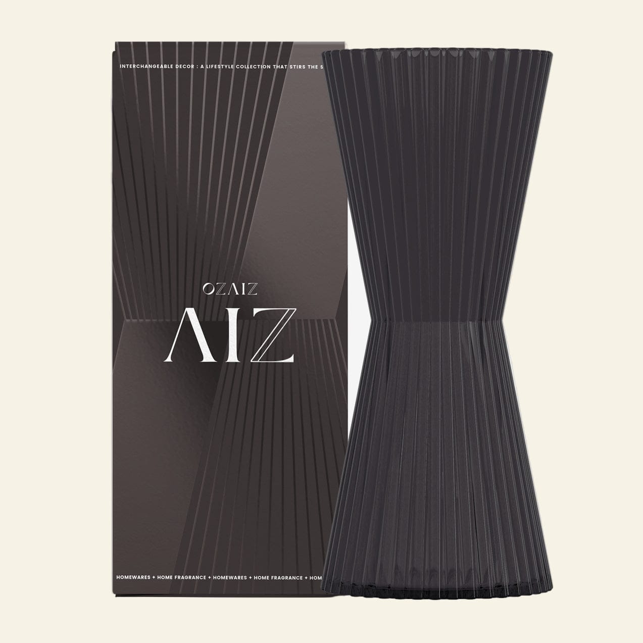 Black ribbed decorative item with packaging featuring &