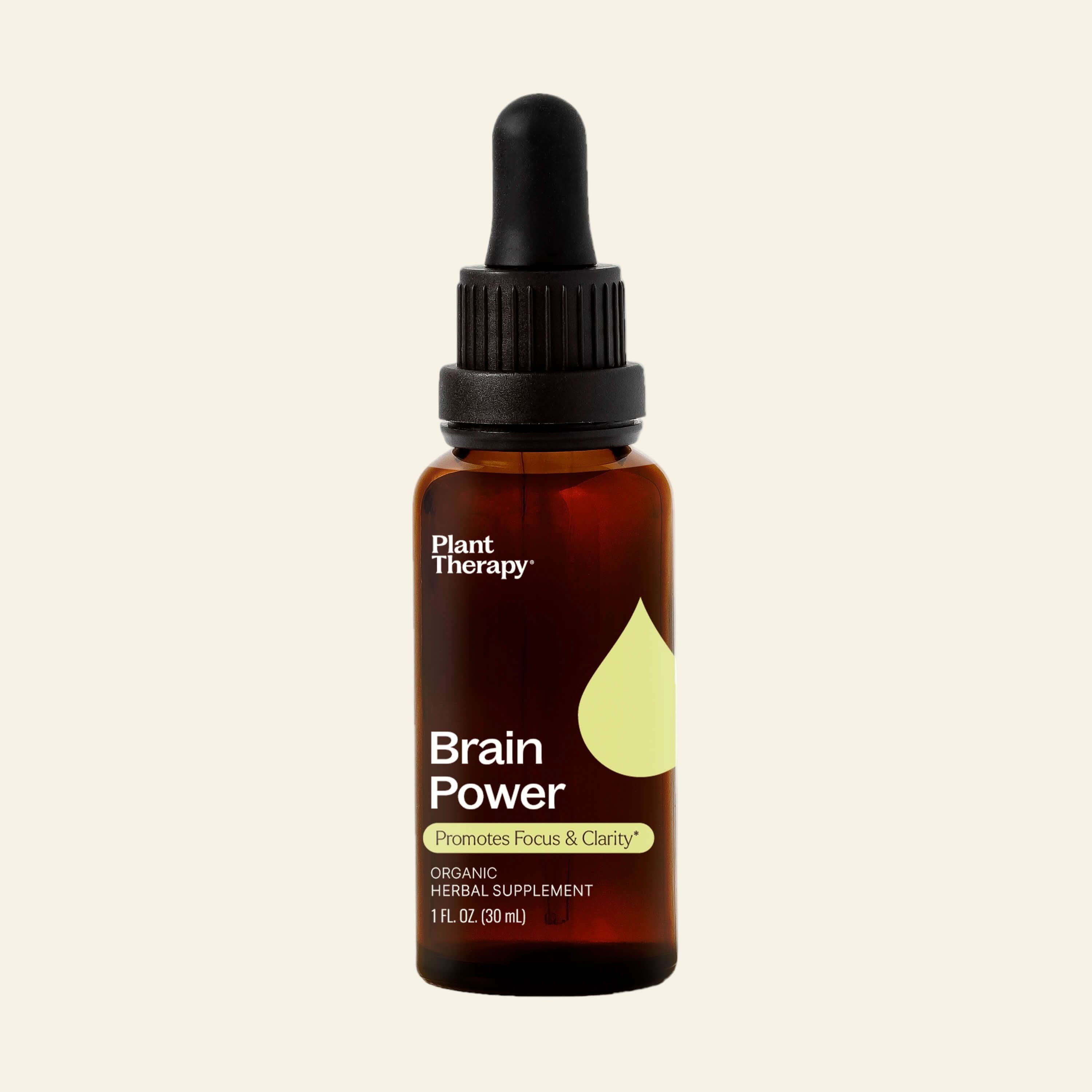 Bottle of Plant Therapy Brain Power supplement on a white background