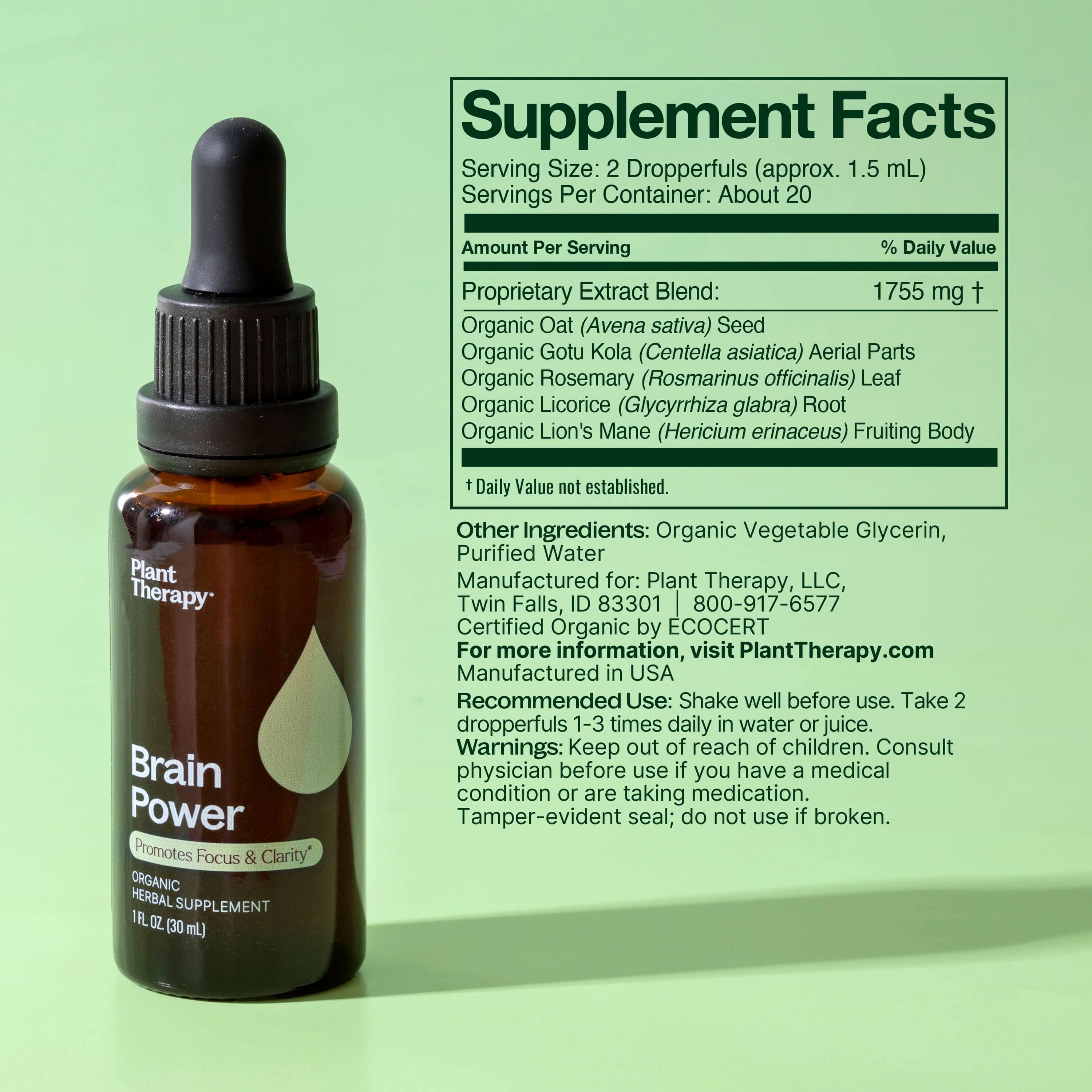 Plant Therapy Supplement 30 mL Brain Power Organic Herbal Supplement
