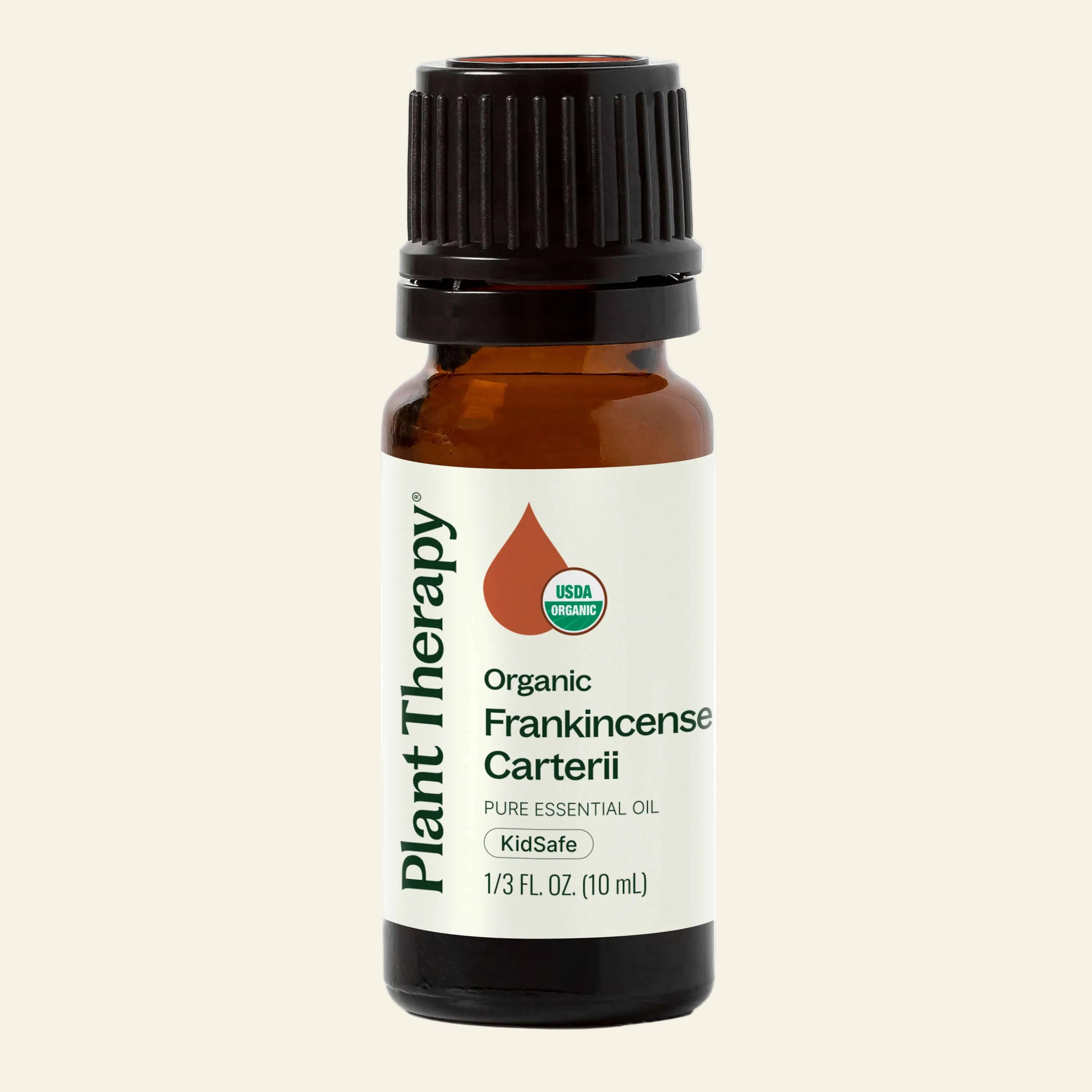 Bottle of Plant Therapy Organic Frankincense Carterii essential oil on a white background