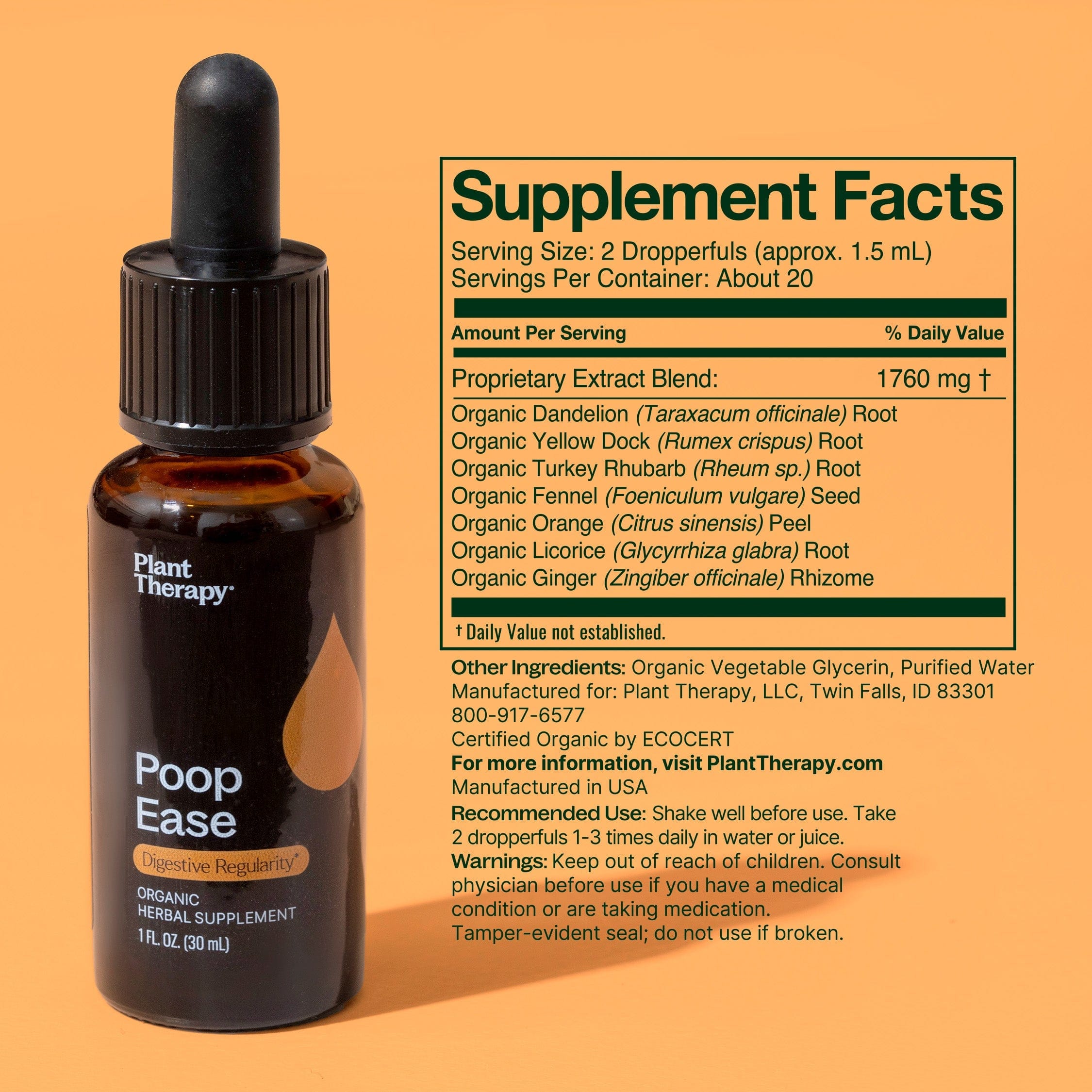Plant Therapy Supplement 30 mL PoopEase Organic Herbal Supplement