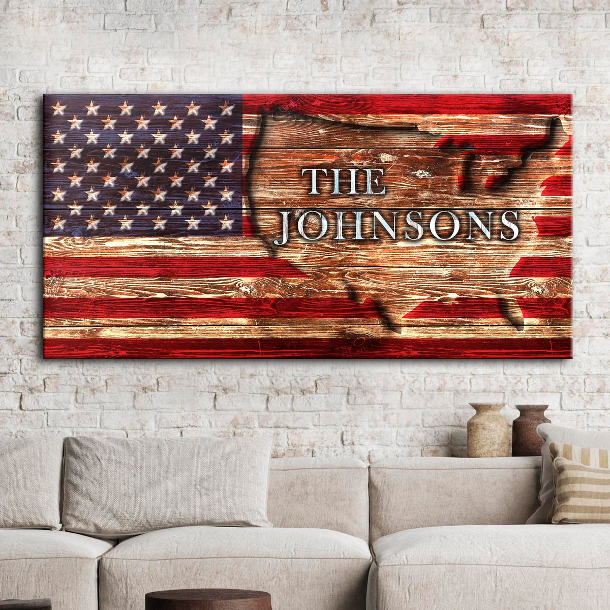 Tailored Canvases Canvas 20x10 inch Medium Premium Gallery Wrapped / Style 3 Rustic American Flag Family Name Sign