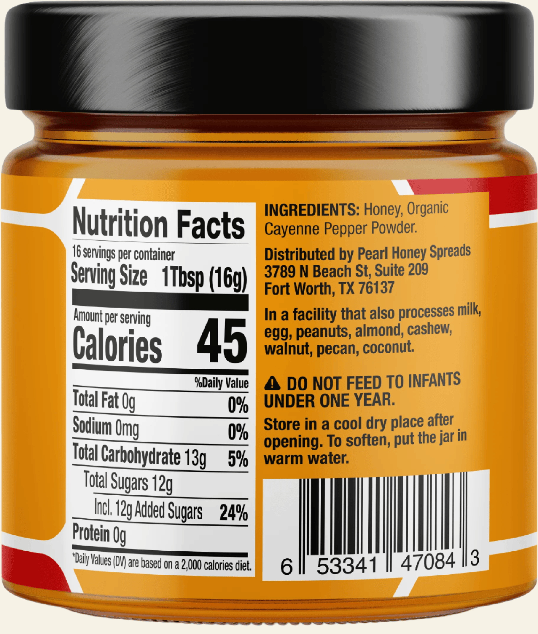 Jar of honey with nutrition label and ingredient list on a white background