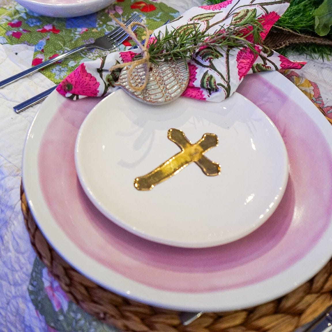 Small Ceramic Gold Leaf Cross Plate - My American Goods