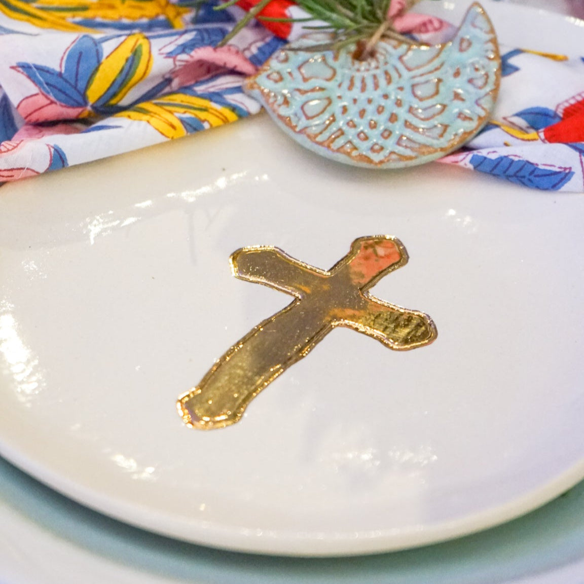 Small Ceramic Gold Leaf Cross Plate - My American Goods