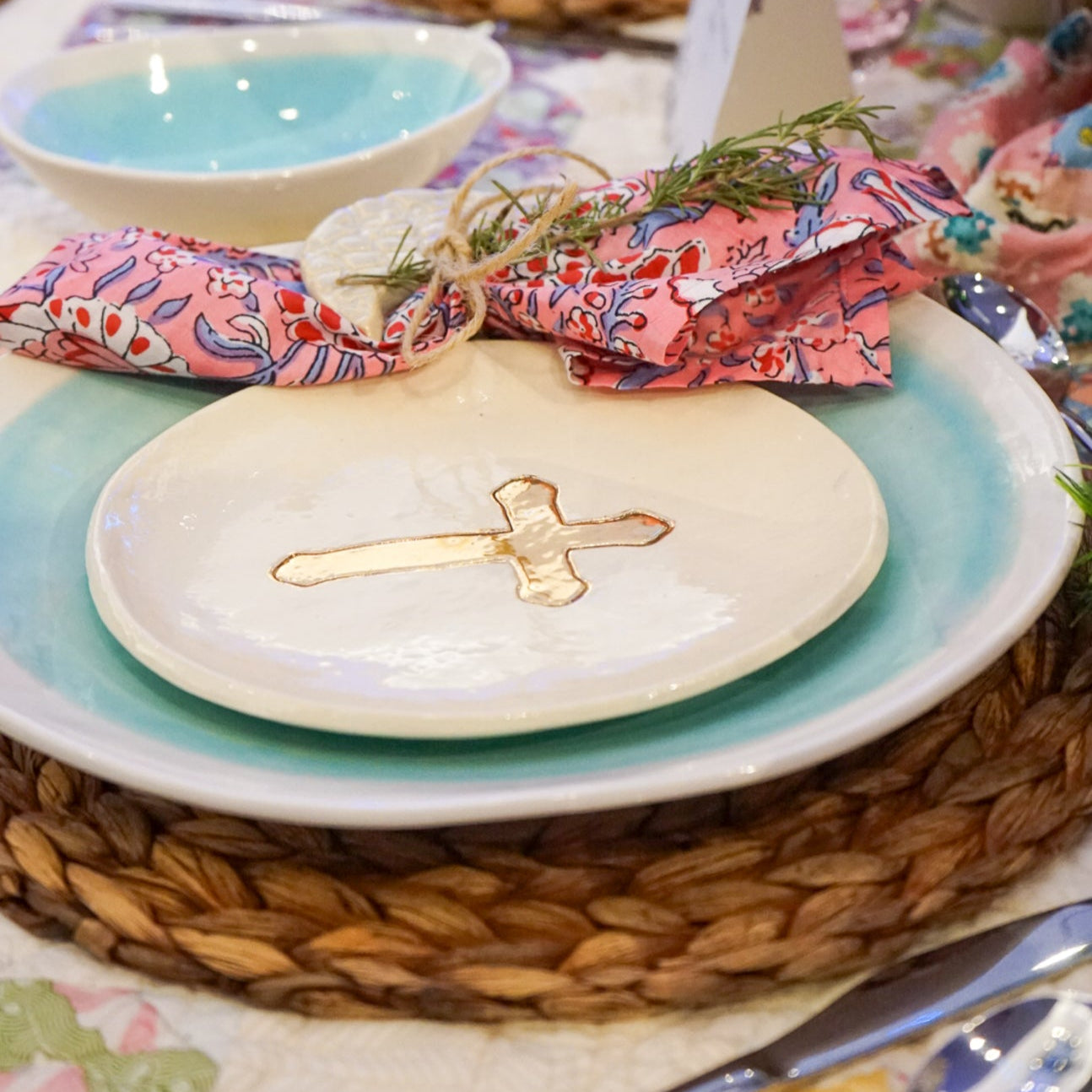 Small Ceramic Gold Leaf Cross Plate - My American Goods