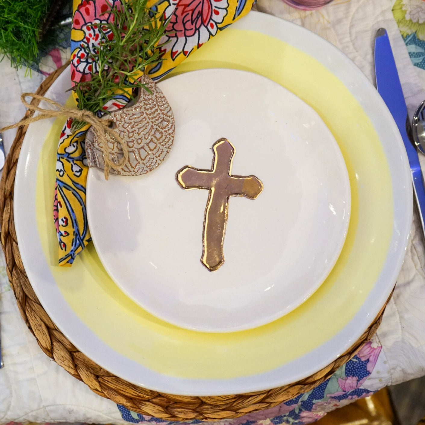 Small Ceramic Gold Leaf Cross Plate - My American Goods