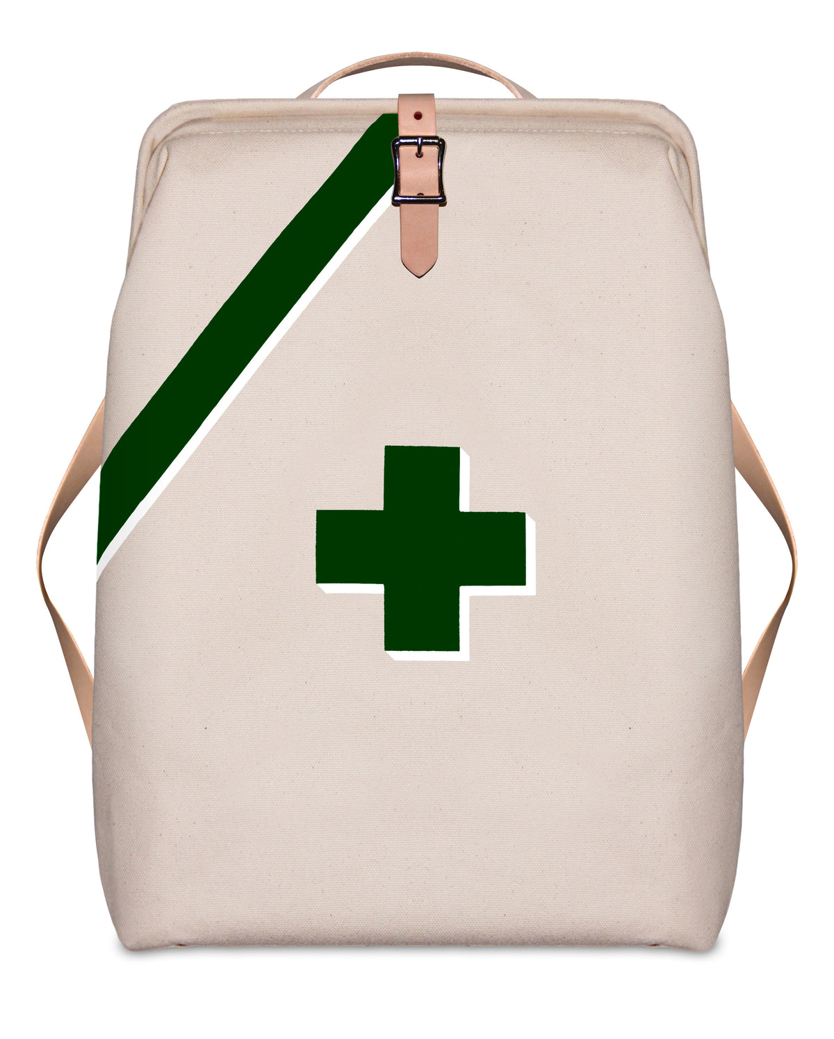 Beige backpack with a green cross design on a white background