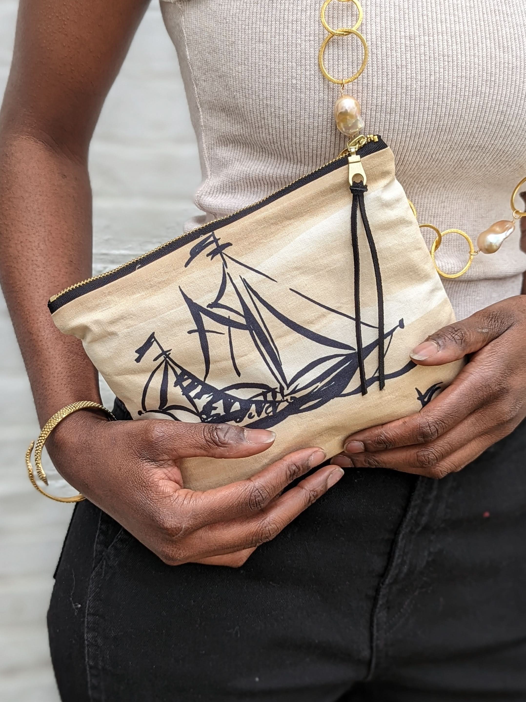 Ash & Rose The Voyage Clutch Purse Black and Tan Sailing Ship Sketch Print
