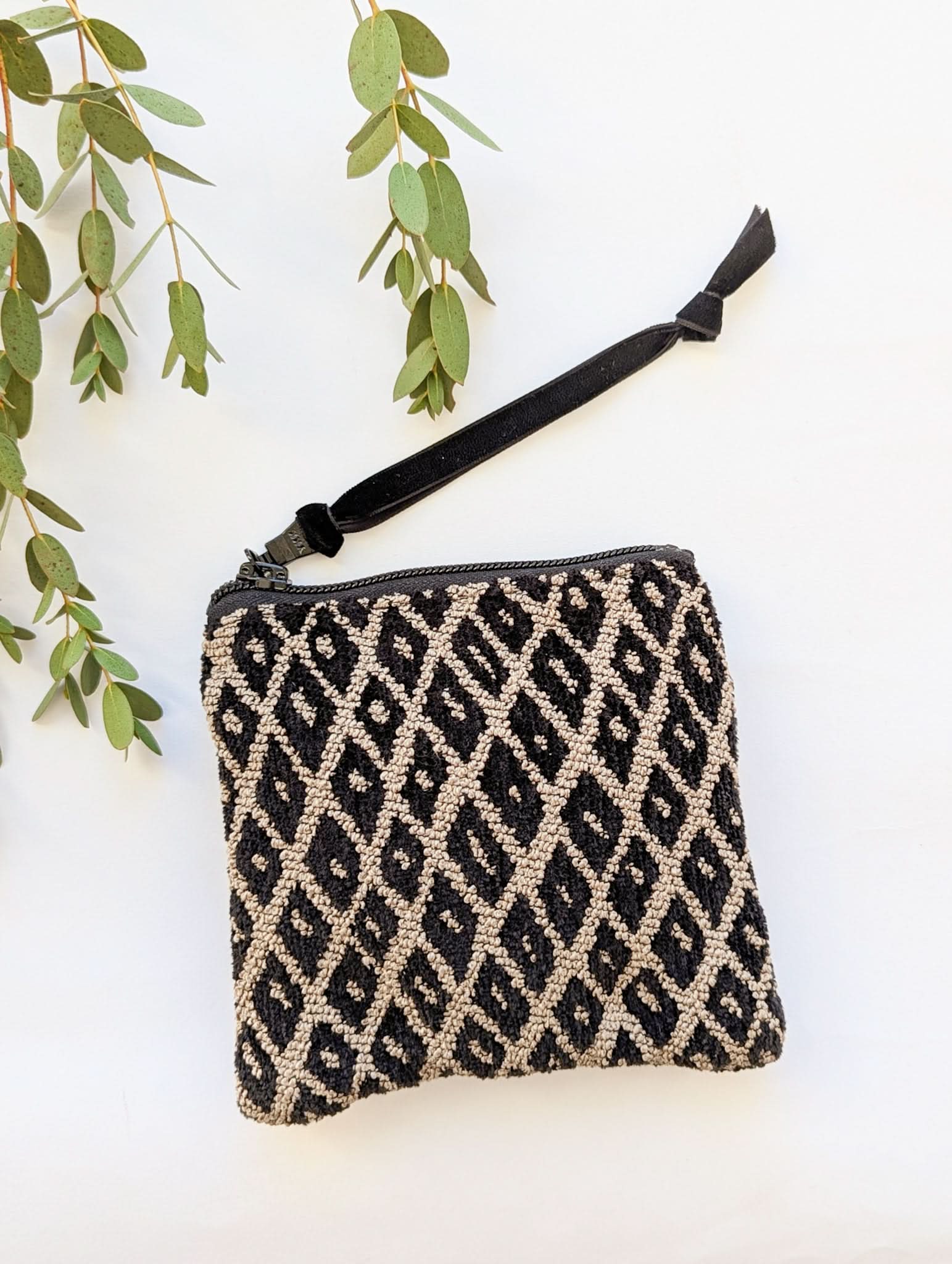 Ash & Rose Black Black Diamond Needlepoint Square Pouch