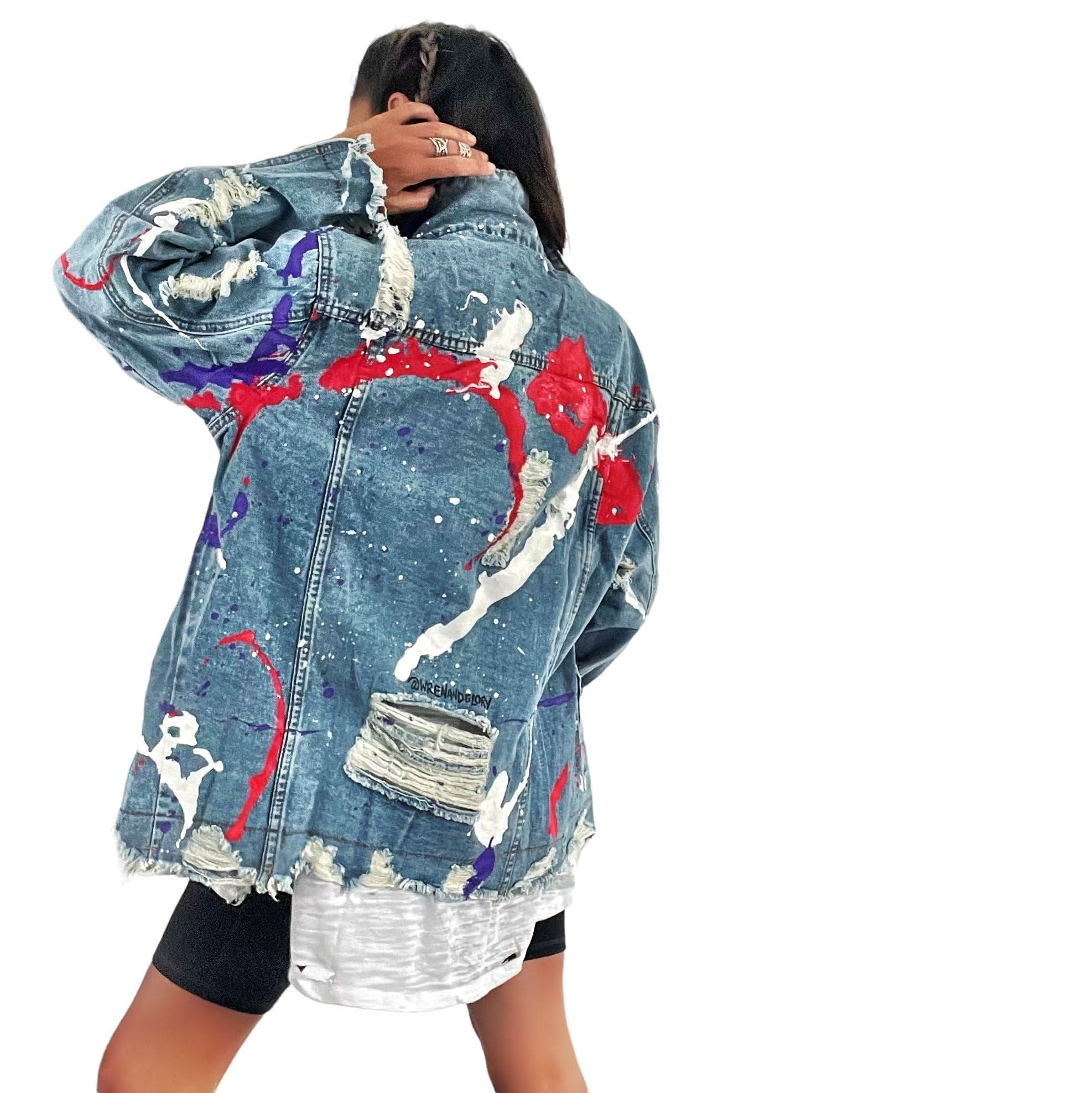 Women’s Oversized Denim Jacket – Hand-Painted Splatter Design – Wren + Glory – Made in USA - My American Goods