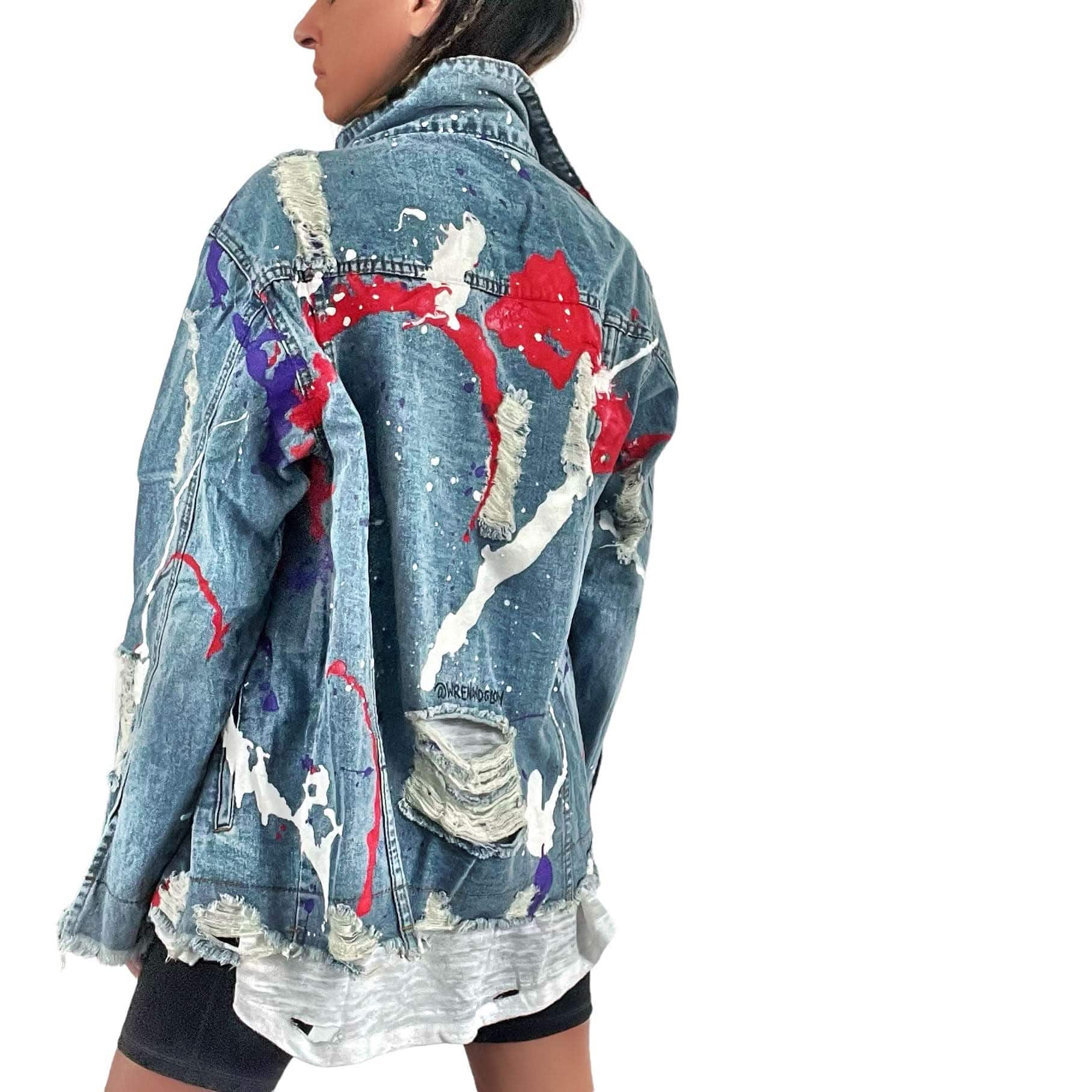 Women’s Oversized Denim Jacket – Hand-Painted Splatter Design – Wren + Glory – Made in USA - My American Goods