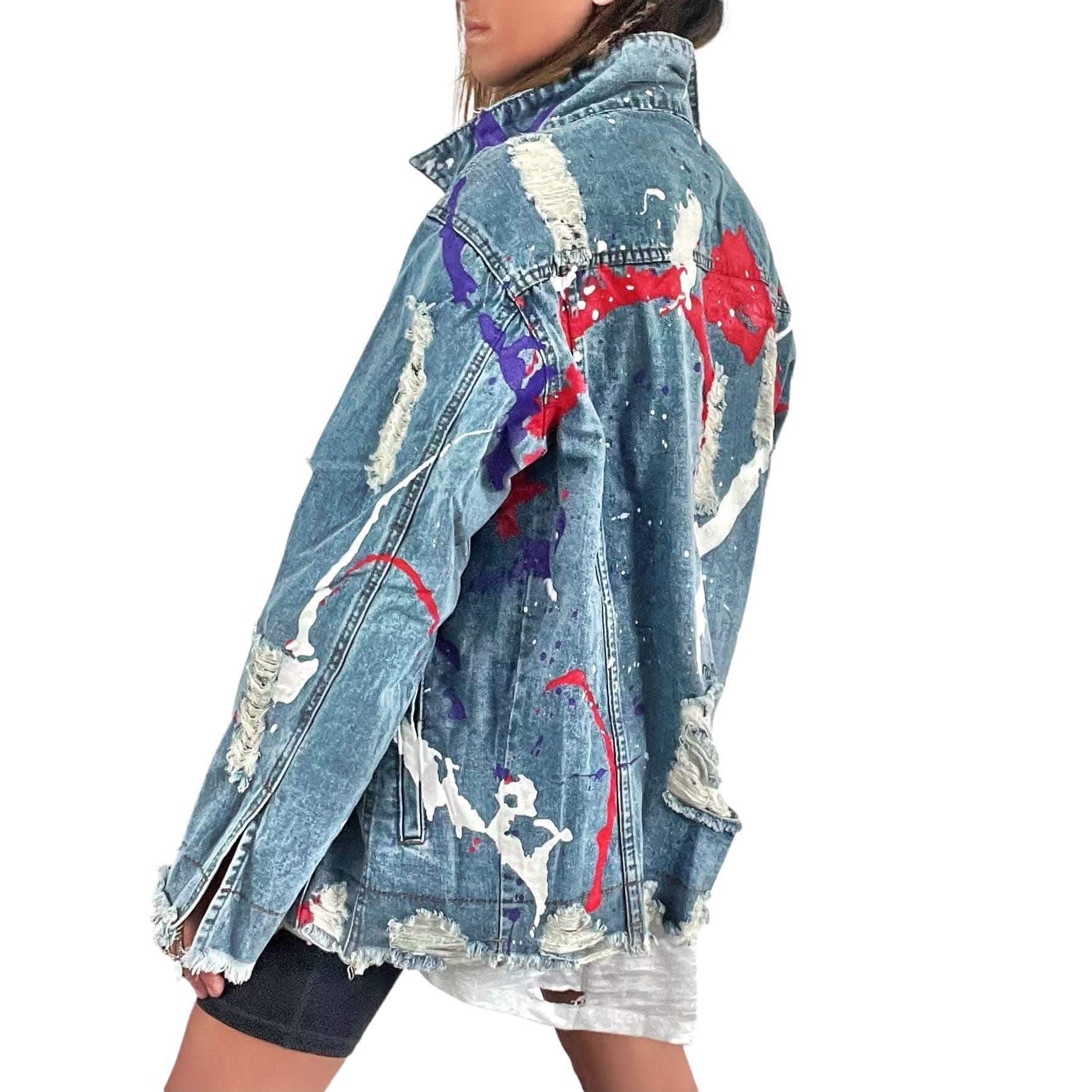 Women’s Oversized Denim Jacket – Hand-Painted Splatter Design – Wren + Glory – Made in USA - My American Goods